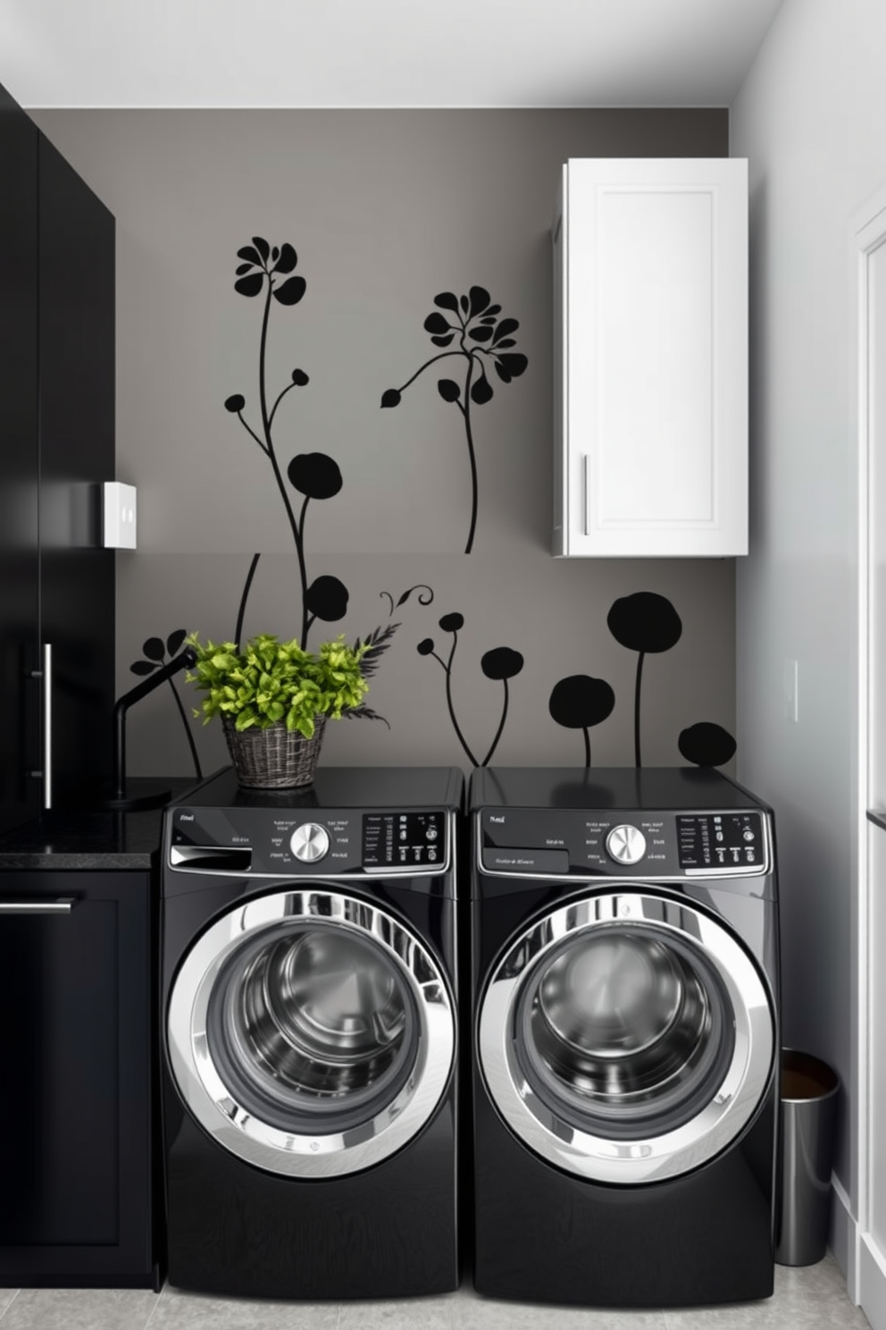 Artistic wall decals in black tones create a striking visual impact in any space. The bold designs can be complemented by sleek black cabinetry and modern fixtures for a cohesive look. Black laundry room design ideas focus on functionality combined with style. Incorporating open shelving and stylish storage solutions can enhance the aesthetic while maintaining practicality.