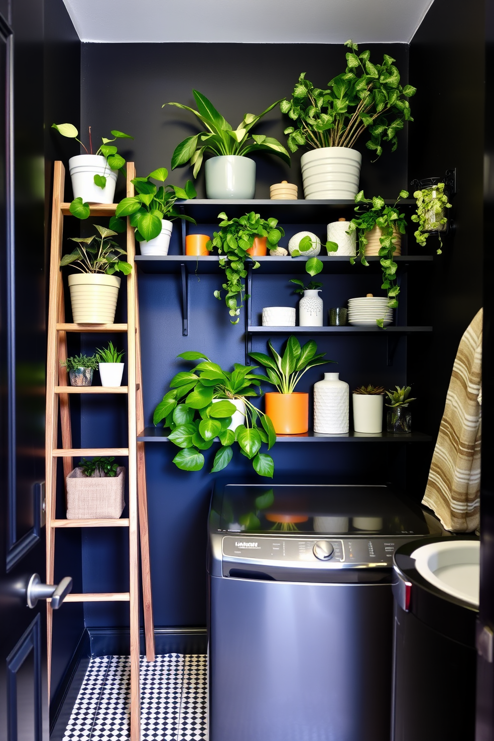 A sleek black laundry room features a stylish ladder shelf adorned with a variety of potted plants and decorative accents. The walls are painted in a deep matte black, creating a dramatic backdrop for the bright green foliage and colorful decor items displayed on the shelves.