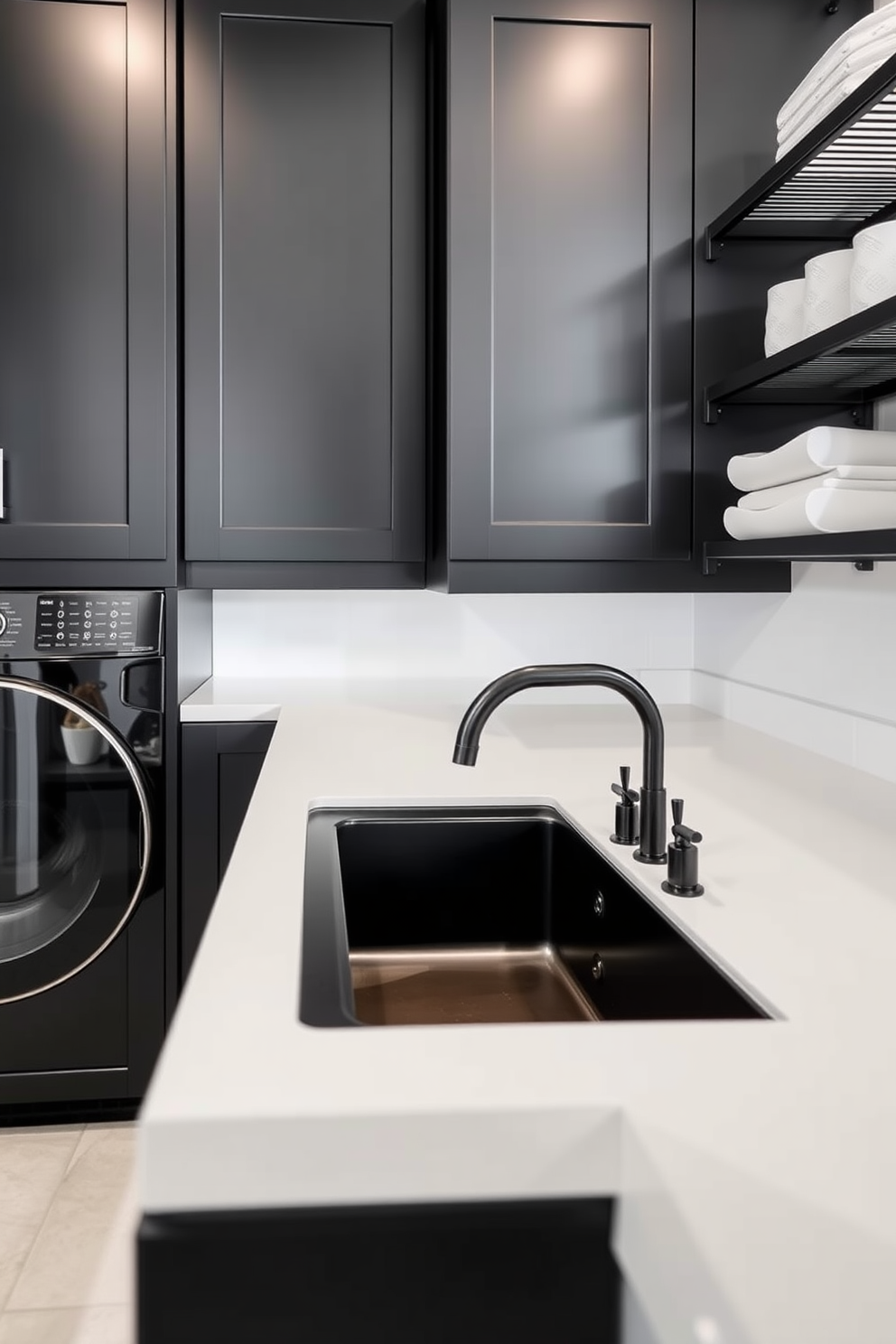 A modern laundry room featuring a sleek double sink with elegant black faucets. The cabinetry is a deep matte black, complemented by white countertops and stylish shelving for storage.