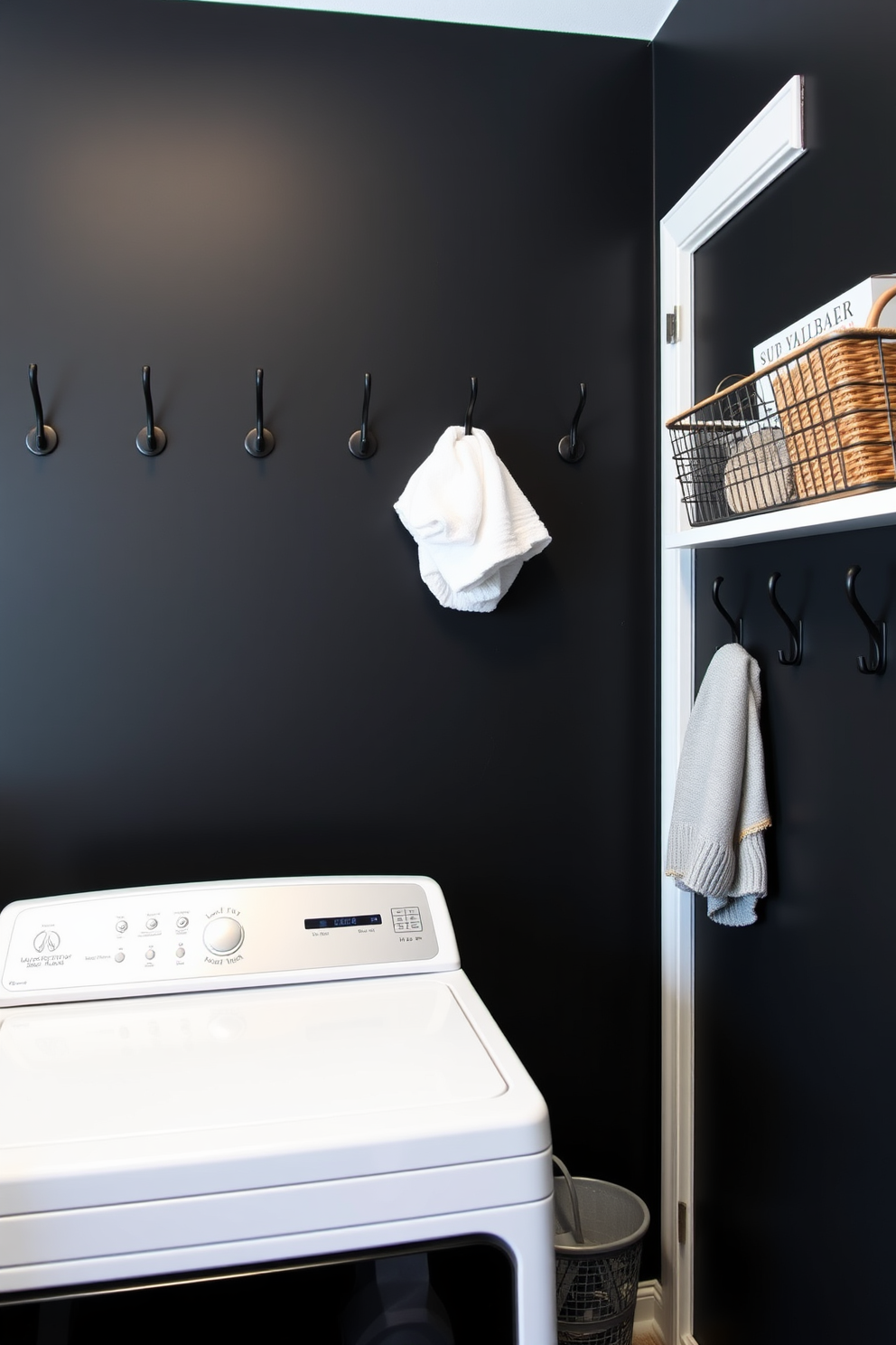 A sleek black laundry room featuring wall hooks for organization. The walls are painted in a deep matte black, creating a modern and sophisticated atmosphere.