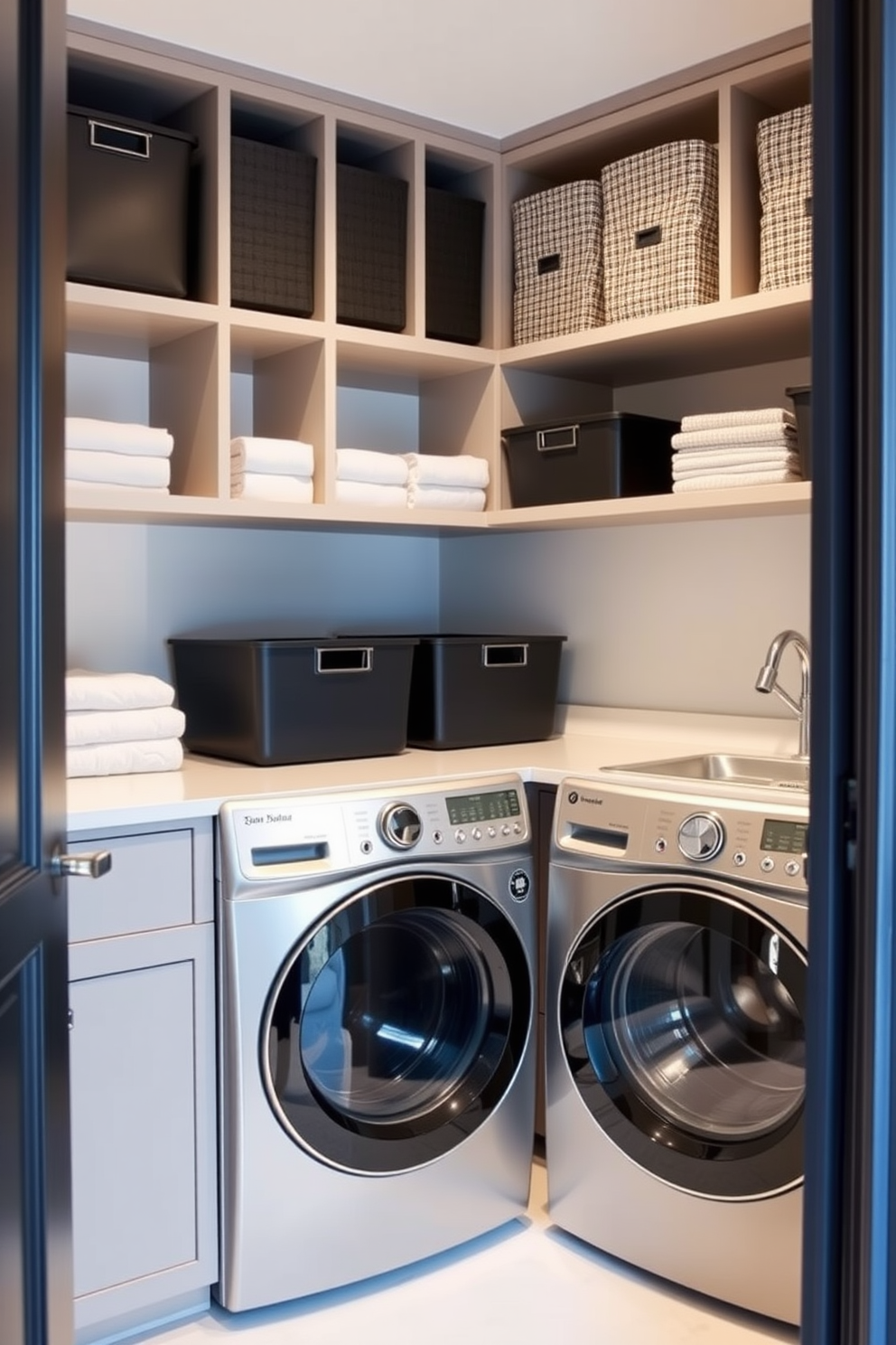 A modern laundry room featuring clever storage solutions using sleek black bins. The room is designed with a combination of open shelving and cabinetry, providing ample space for organization and functionality.