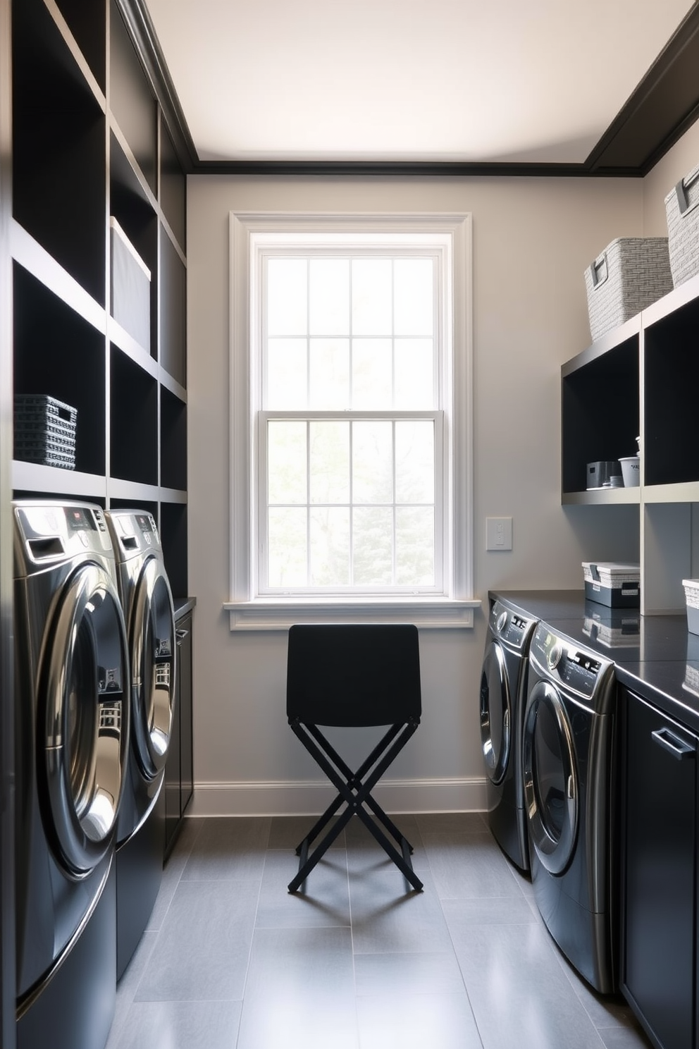 A sleek black folding table is positioned against the wall, providing a convenient workspace for laundry tasks. The room features a modern aesthetic with ample storage solutions, including open shelving and stylish baskets. The laundry room is designed with a monochromatic color scheme, highlighting the black accents throughout. A large window allows natural light to flood the space, creating an inviting atmosphere for doing laundry.