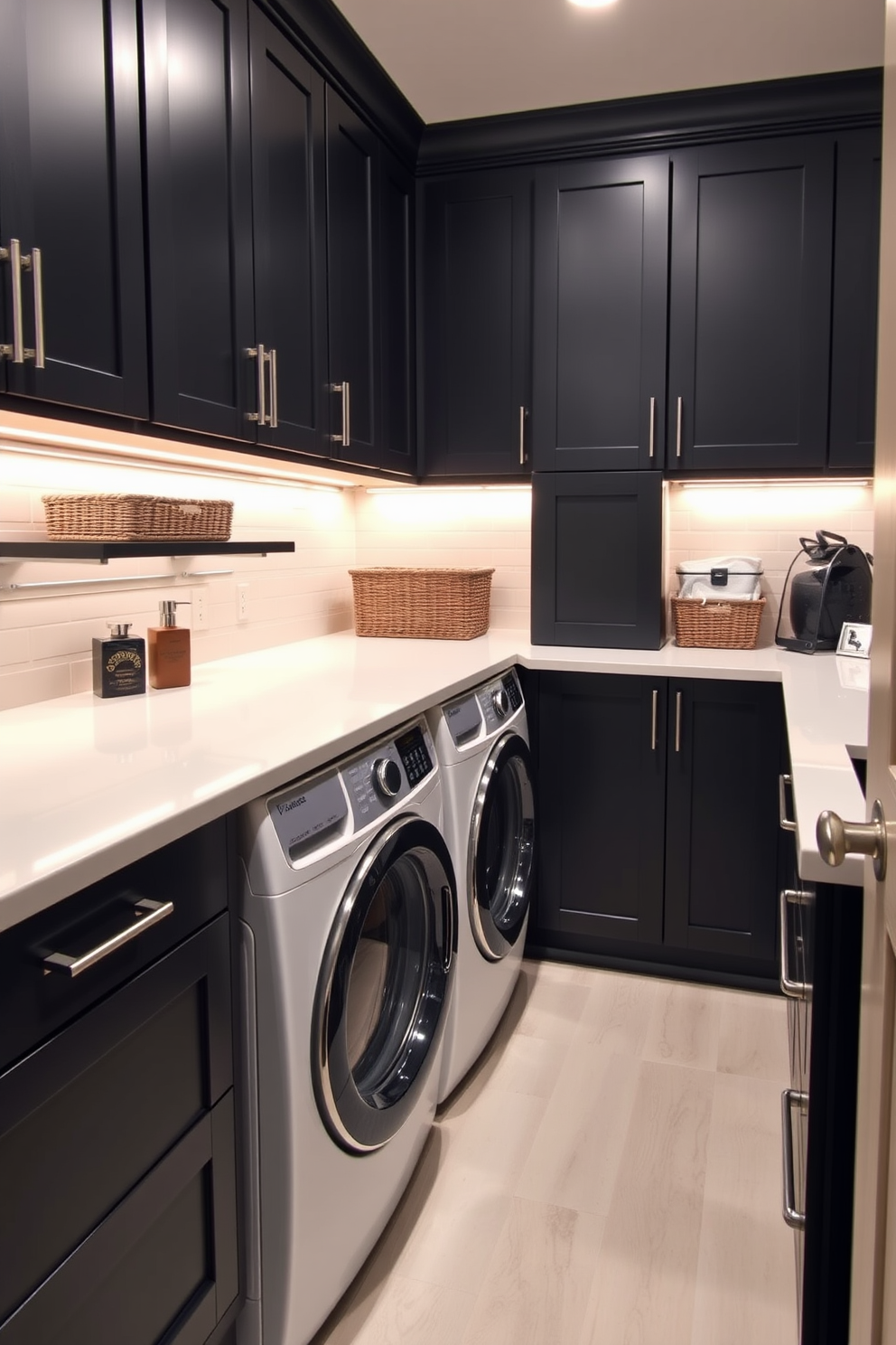 A sleek laundry room features under-cabinet lighting that casts a warm glow across the space. The cabinetry is finished in a deep black, creating a modern and sophisticated atmosphere. The countertops are made of a durable white quartz, providing a striking contrast to the black cabinetry. A stylish washer and dryer are seamlessly integrated into the design, with decorative baskets neatly arranged for storage.