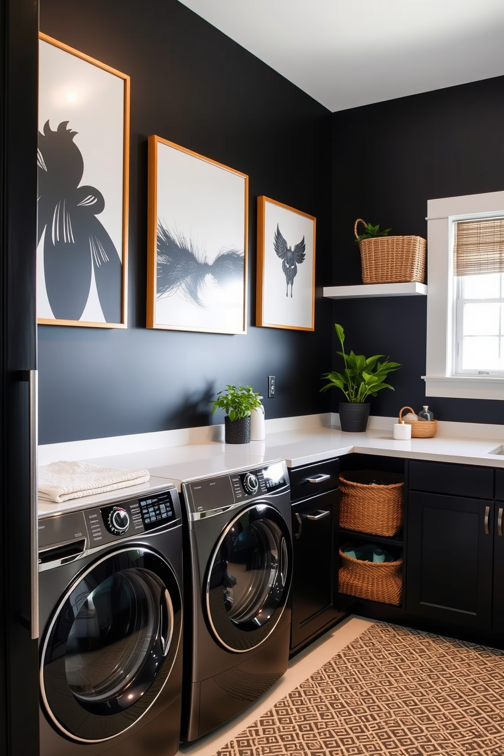 A bold black accent wall serves as the focal point of the laundry room, adorned with striking artwork that adds a touch of personality. The room features sleek black cabinetry, complementing the modern appliances seamlessly integrated into the design. Bright white countertops provide a clean contrast, offering ample space for folding laundry and organizing supplies. Decorative baskets and plants add warmth and functionality, creating an inviting atmosphere in this stylish laundry space.