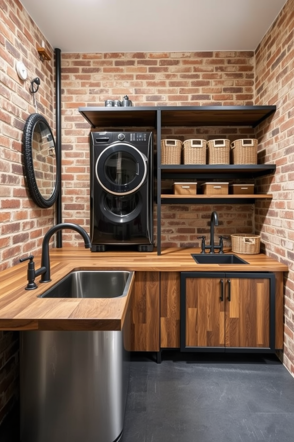 A sleek industrial laundry room featuring exposed brick walls and metal accents. The space includes a black washing machine and dryer stacked for efficiency, surrounded by open shelving made of reclaimed wood and steel. A large metal sink is integrated into the countertop, complemented by matte black faucets. The flooring is a dark concrete finish, and decorative baskets are neatly arranged on the shelves for storage.