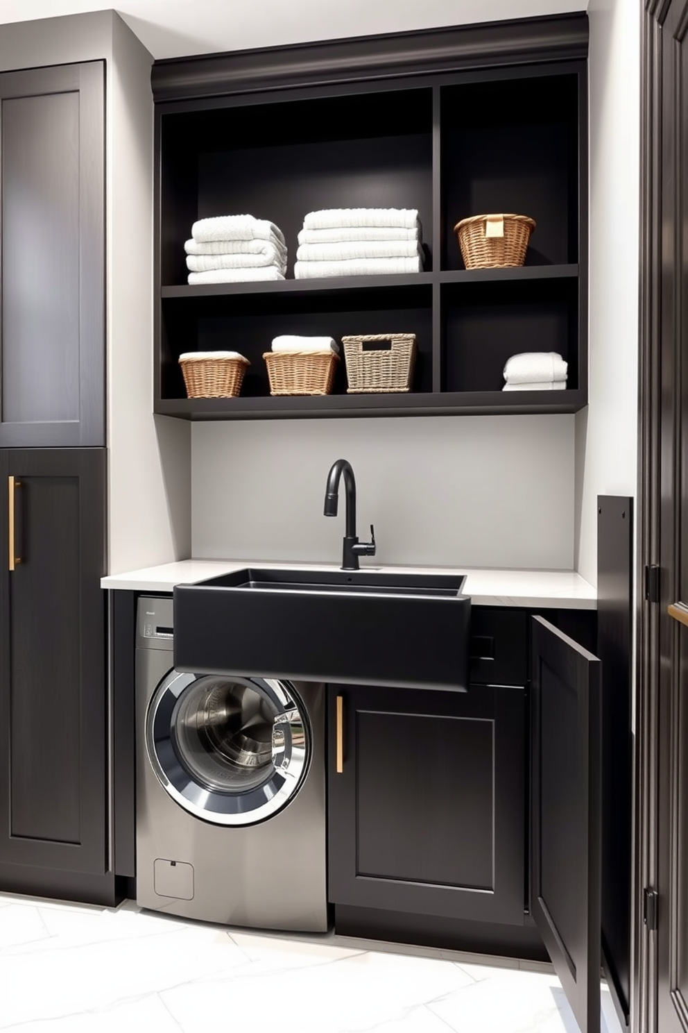 A stylish laundry room features a farmhouse sink in matte black, seamlessly integrated into a custom cabinetry setup. The walls are painted in a soft gray, complemented by open shelving displaying neatly folded towels and decorative storage baskets. The floor is adorned with large, white tiles that contrast beautifully with the dark cabinetry. A modern washing machine and dryer are tucked away behind sleek cabinet doors, creating a cohesive and organized look.