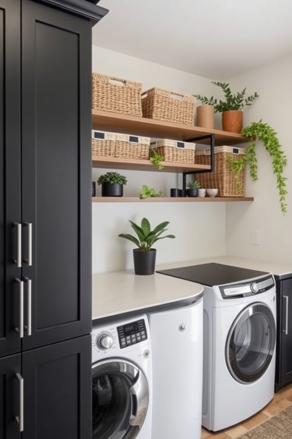 A modern laundry room featuring sleek black cabinetry and a stylish washer and dryer setup. Above the appliances, floating shelves are adorned with neatly organized baskets and decorative plants, creating a functional yet aesthetically pleasing space.