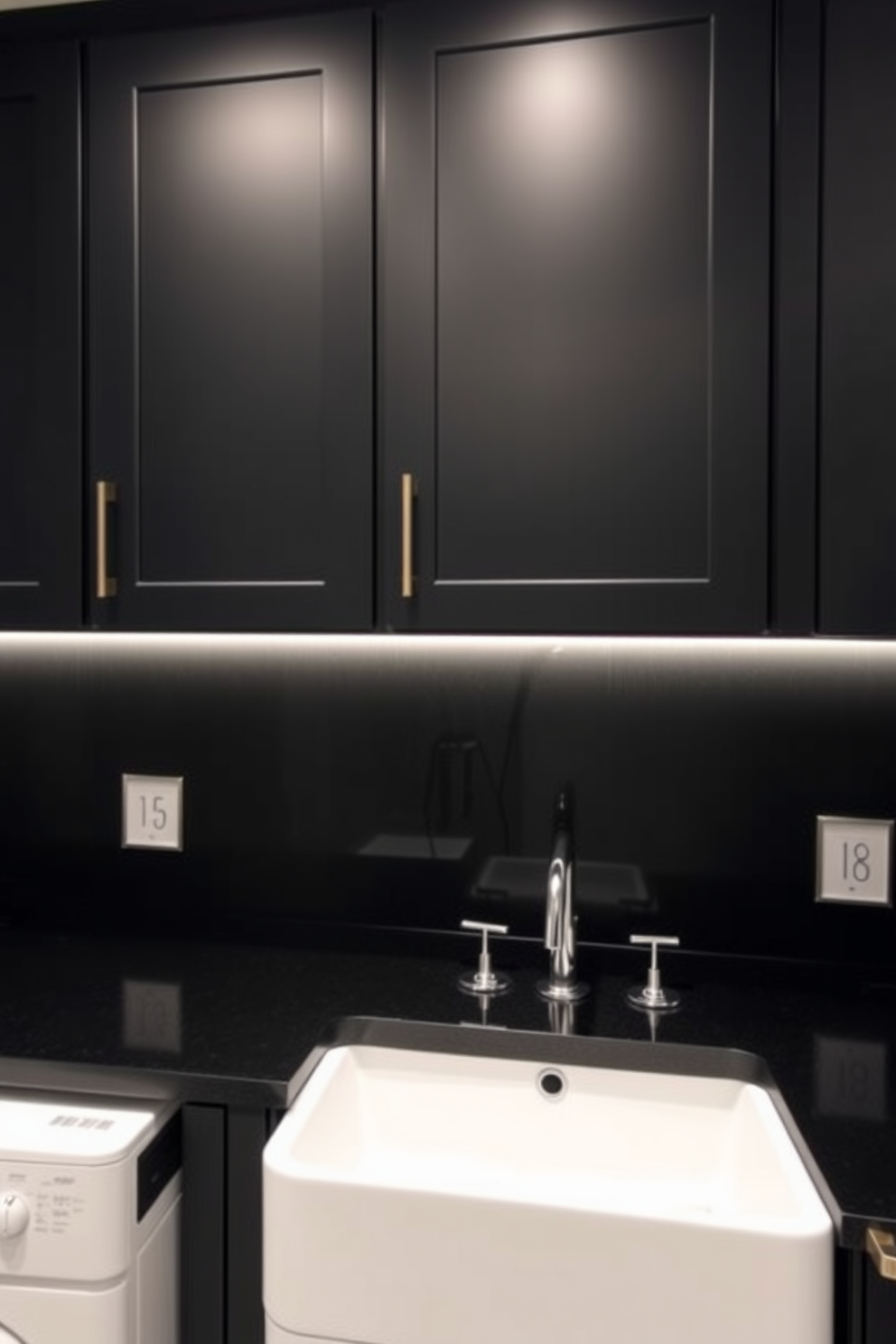 A chic black laundry room features sleek black countertops paired with a pristine white sink. The space is accentuated by modern cabinetry and stylish lighting, creating a functional yet elegant atmosphere.