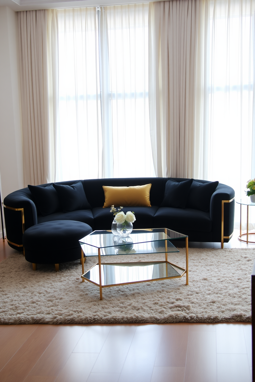 Elegant black velvet sofa with gold accents. The room features a sleek glass coffee table and a plush area rug in neutral tones. Soft ambient lighting highlights the sophisticated decor, creating a warm and inviting atmosphere. Floor-to-ceiling windows draped in sheer white curtains allow natural light to fill the space.