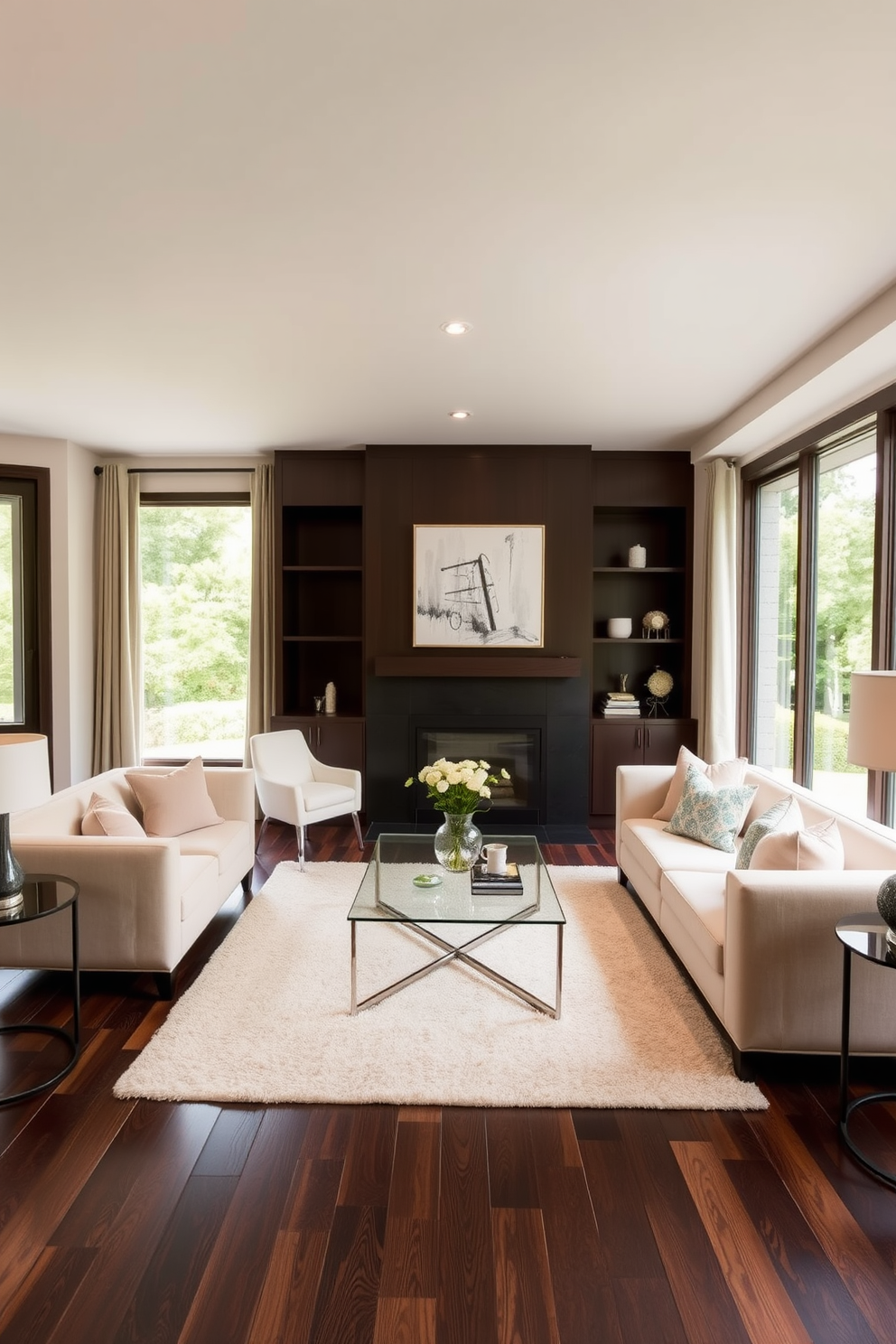 A stylish living room featuring dark wood floors that contrast elegantly with light-colored furniture. The space is adorned with a plush cream sofa and a sleek glass coffee table, creating a modern yet inviting atmosphere. Large windows allow natural light to flood the room, highlighting the rich tones of the dark flooring. Accent pillows in soft pastels add a touch of color, while a contemporary art piece hangs on the wall, enhancing the overall aesthetic.