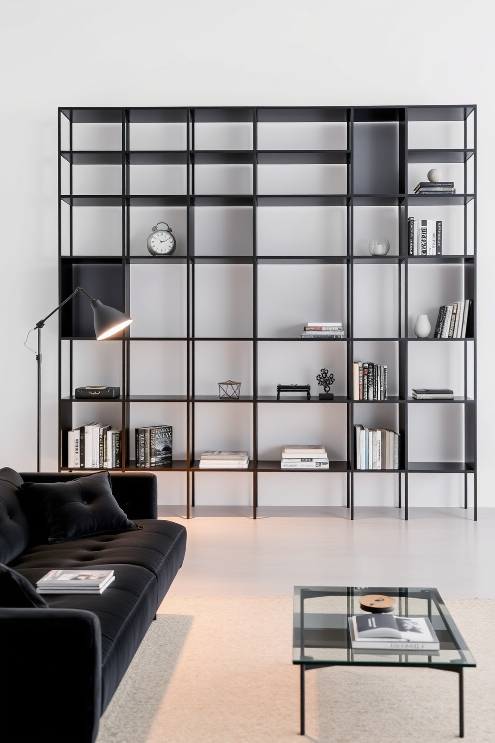 A sleek black shelving unit stands against a white wall, showcasing a curated selection of books and decorative objects. The minimalist design emphasizes clean lines and open space, creating a modern and uncluttered aesthetic. In the center of the room, a plush black sofa is paired with a glass coffee table, enhancing the contemporary vibe. Soft lighting from a stylish floor lamp casts a warm glow, inviting relaxation and conversation in this chic living area.