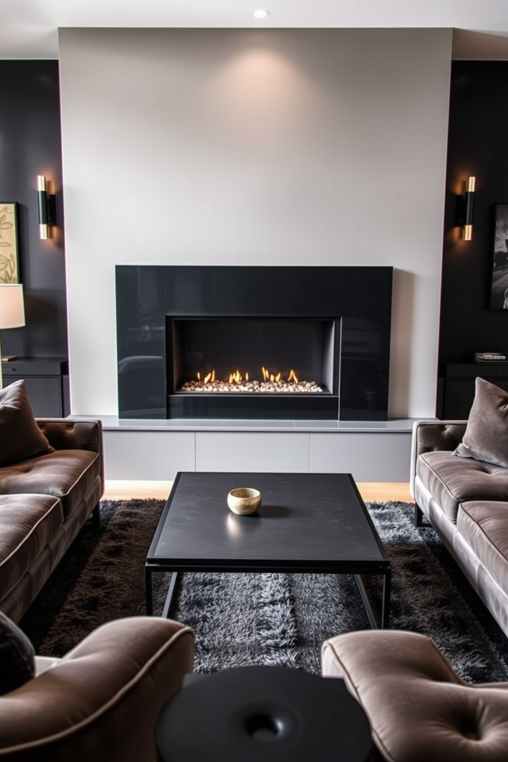 A striking black fireplace serves as the focal point of the room, elegantly framed by contemporary decor that enhances its allure. Plush seating arrangements in rich textures surround the fireplace, creating a cozy yet sophisticated ambiance in the living space. The walls are adorned with tasteful artwork that complements the black theme, while accent lighting highlights the fireplace's features. A sleek coffee table with metallic accents sits at the center, adding a touch of modern elegance to the overall design.