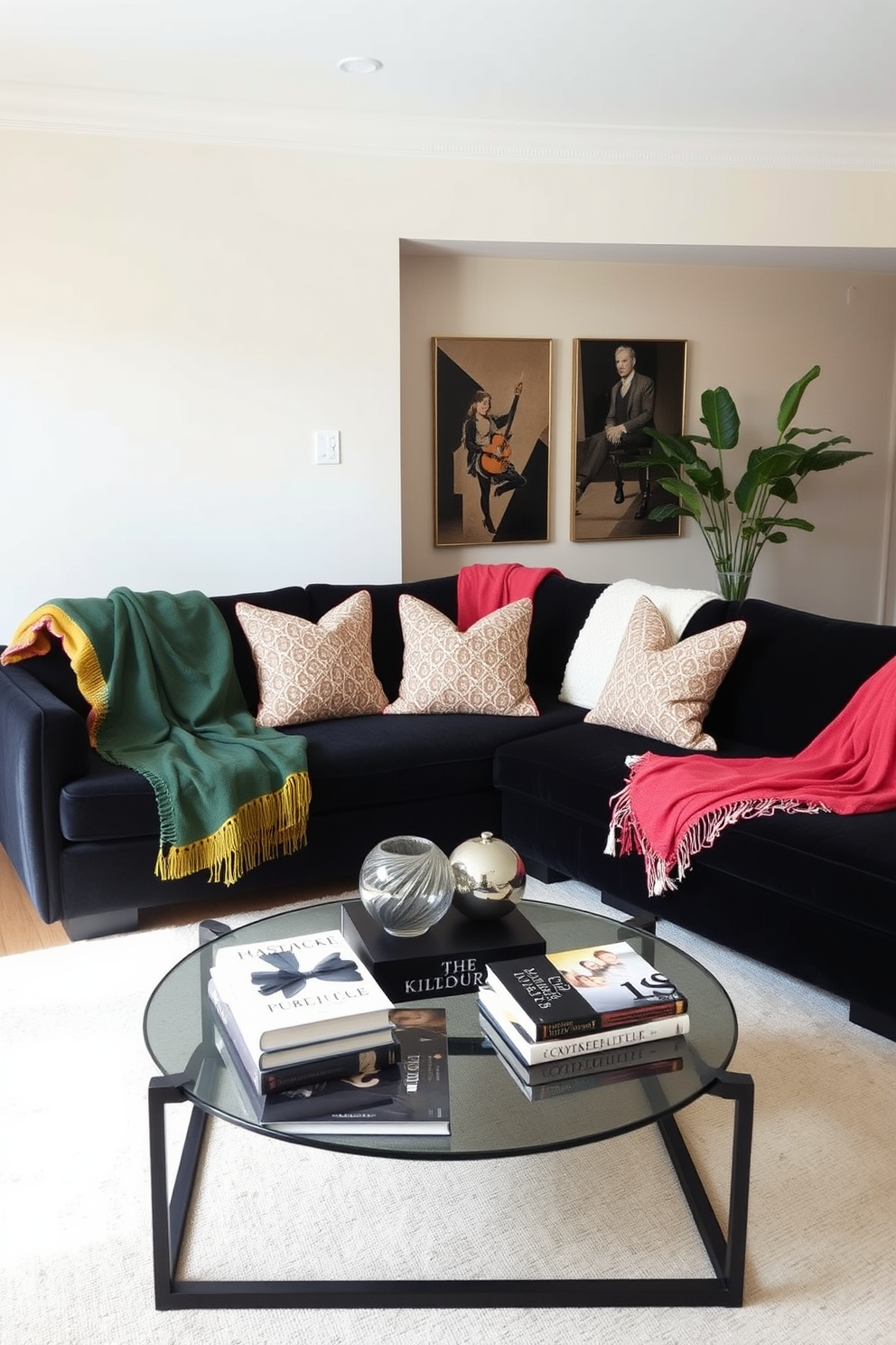 A sophisticated black sectional sofa is elegantly positioned in the center of the living room. Colorful throws are artfully draped over the sofa, adding warmth and vibrancy to the space. The walls are painted in a soft neutral tone, enhancing the contrast with the black sectional. A stylish coffee table sits in front, adorned with decorative books and a chic centerpiece.