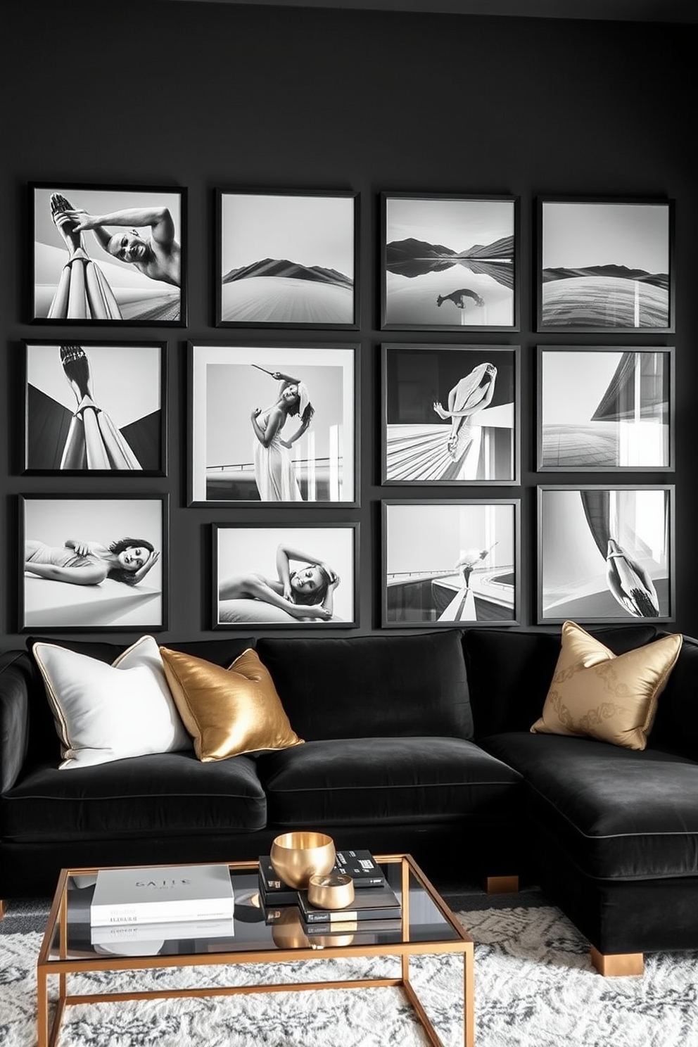 A stunning gallery wall featuring black and white photography. The images are framed in sleek black frames and arranged in a stylish grid pattern. The black living room design showcases a modern aesthetic with a plush black sectional sofa. Accents of white and metallic gold are incorporated through decorative pillows and a chic coffee table.