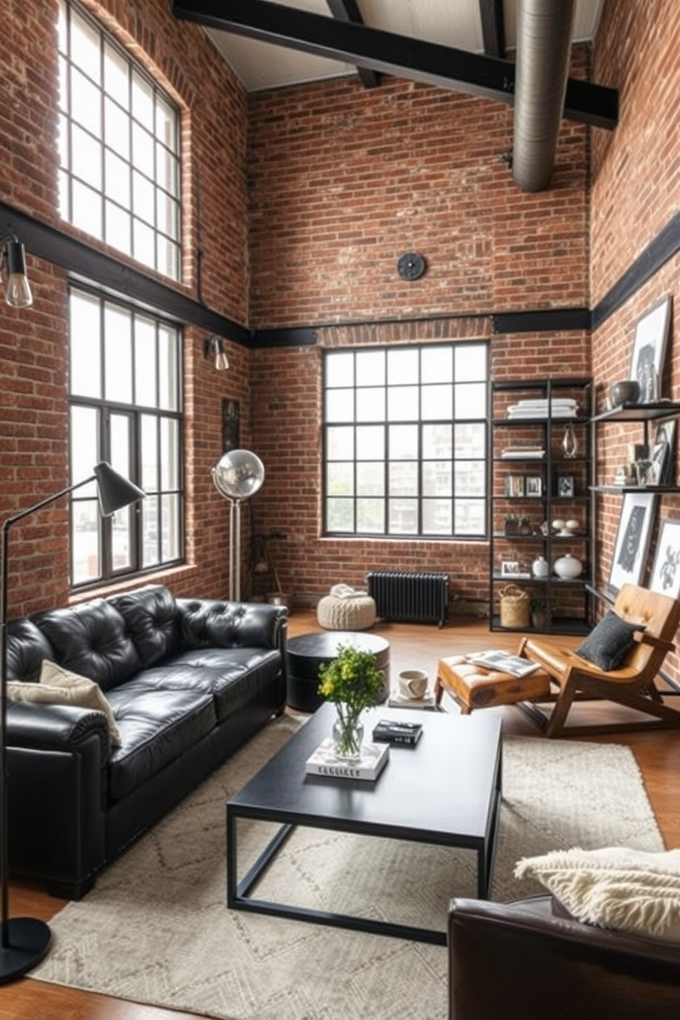 A chic industrial living room features exposed brick walls and large windows that allow natural light to flood the space. Black metal elements are incorporated through a sleek coffee table, floor lamp, and shelving units, creating a cohesive and modern aesthetic. The furniture includes a plush black leather sofa and a reclaimed wood accent chair, adding warmth to the industrial vibe. Decorative elements such as geometric art pieces and a soft area rug provide contrast and comfort, making the space inviting yet stylish.