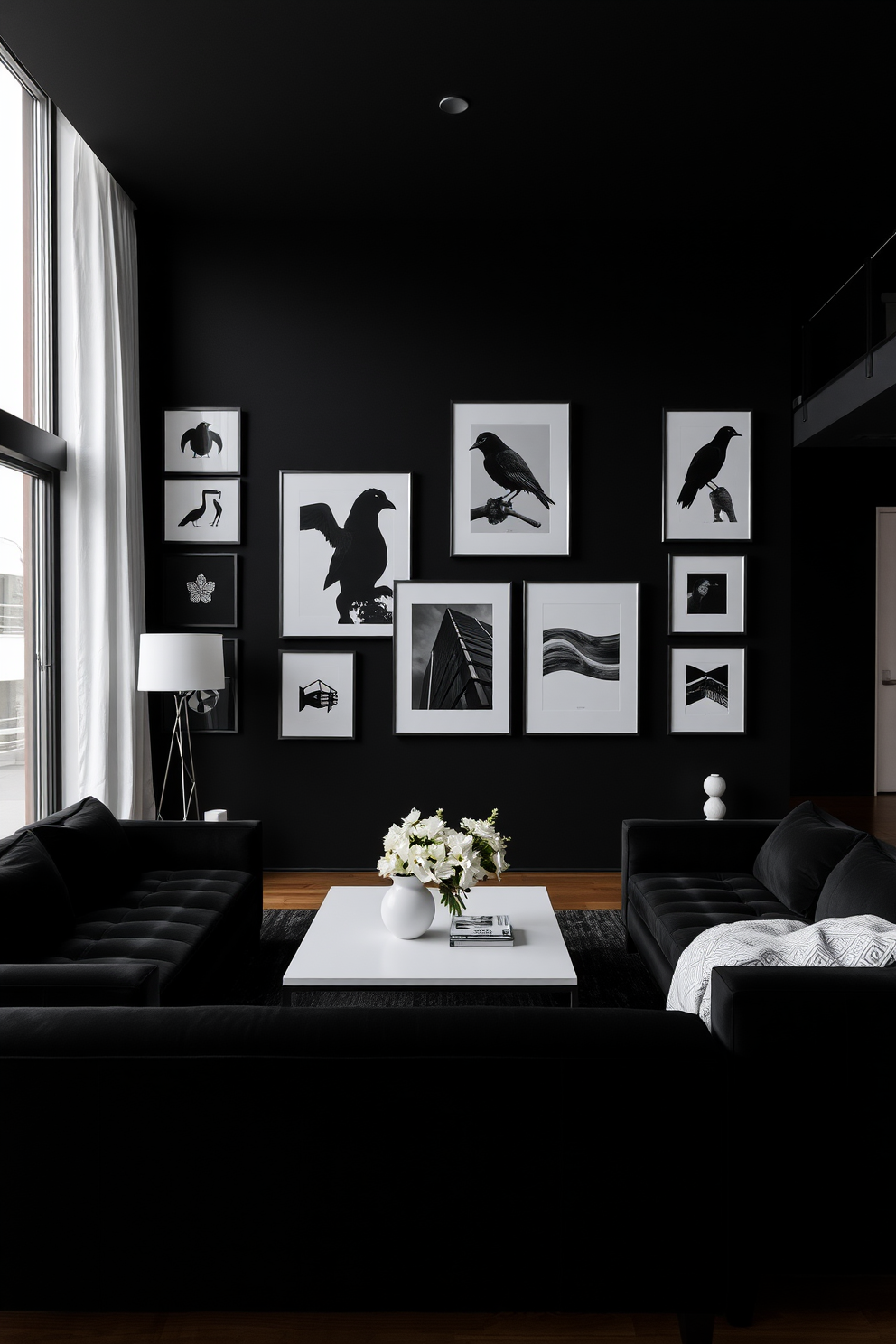 A striking black living room adorned with monochrome art pieces that create a bold contrast against the black walls. The furniture features sleek lines and a minimalist aesthetic, with a plush black sofa and a modern coffee table at the center.