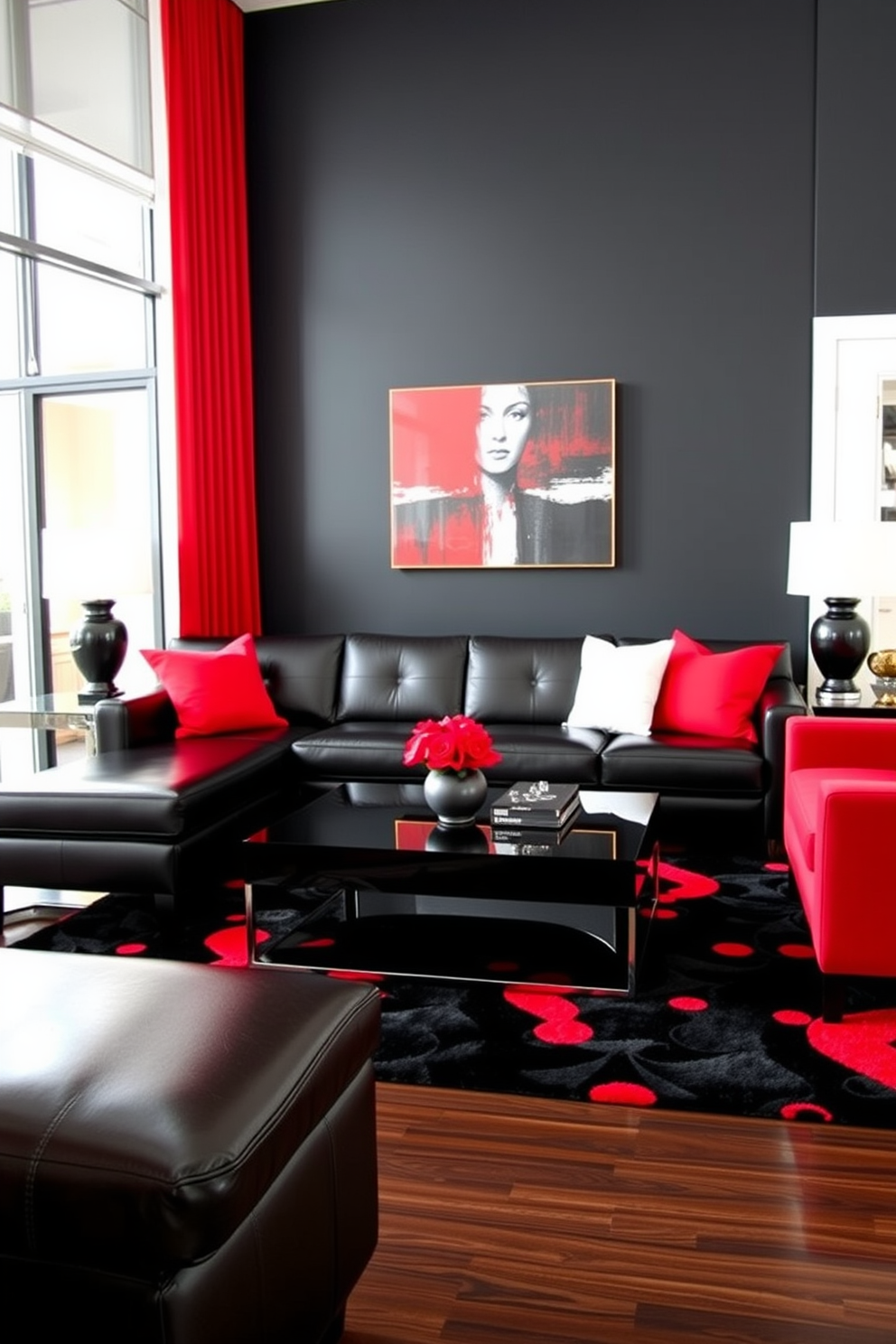 A bold black and red living room features a sleek black leather sofa adorned with vibrant red throw pillows. The walls are painted a deep black, while a striking red accent wall showcases a modern piece of art. A contemporary coffee table in glossy black sits at the center, surrounded by plush red accent chairs. The flooring is a rich dark hardwood, complemented by a luxurious black and red area rug that ties the space together.