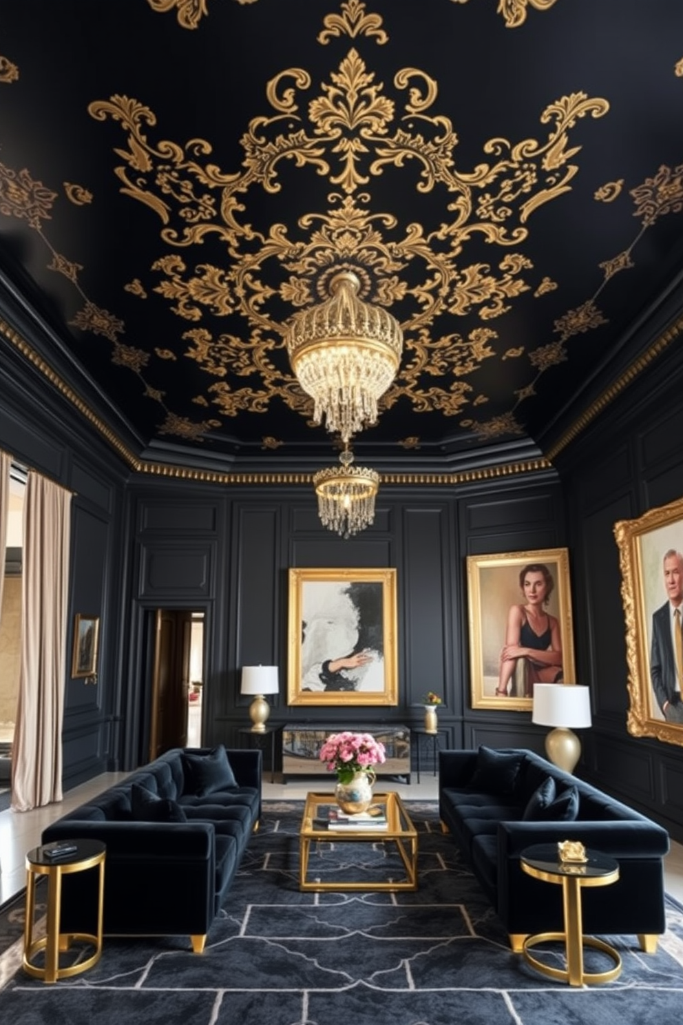 A dramatic black ceiling adorned with intricate gold patterns creates a striking focal point in the living room. The walls are painted in a deep charcoal hue, complementing the luxurious theme and enhancing the opulence of the space. The furniture features a plush black velvet sofa paired with gold-accented side tables. A large area rug with a geometric design anchors the seating area, while bold artwork with gold frames adorns the walls, adding visual interest and sophistication.