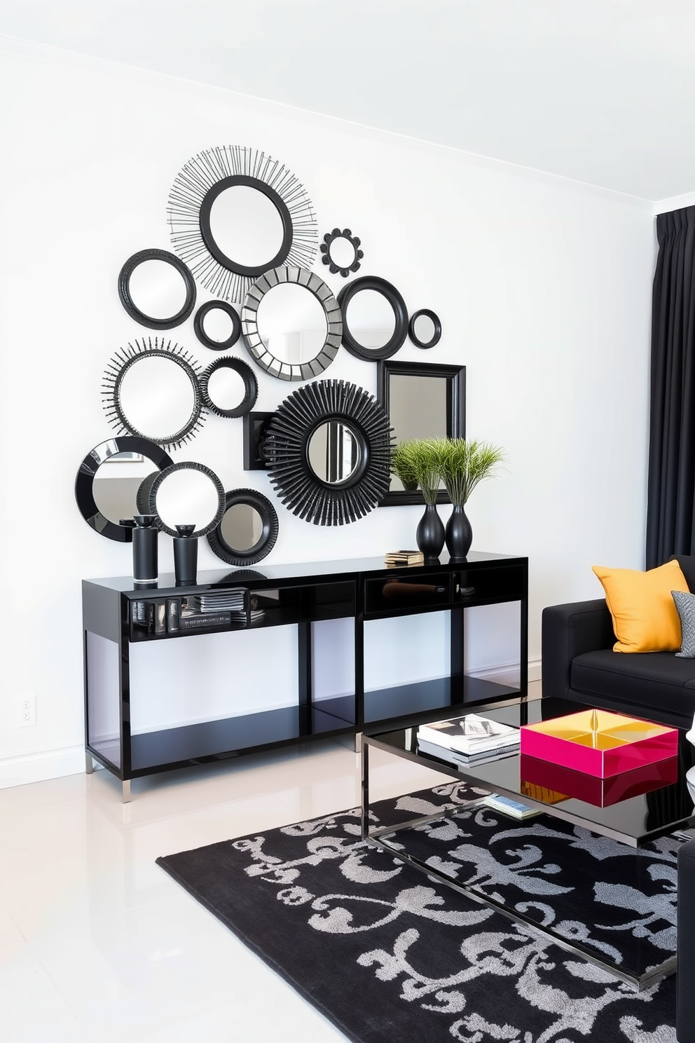 A sleek black console table stands against the wall, adorned with a collection of decorative mirrors in various shapes and sizes. The mirrors reflect the ambient light, creating a sense of depth and elegance in the space. The living room features a modern black color palette, with plush seating arranged around a stylish coffee table. Accent pillows in contrasting colors add a pop of vibrancy, while a bold area rug anchors the design.