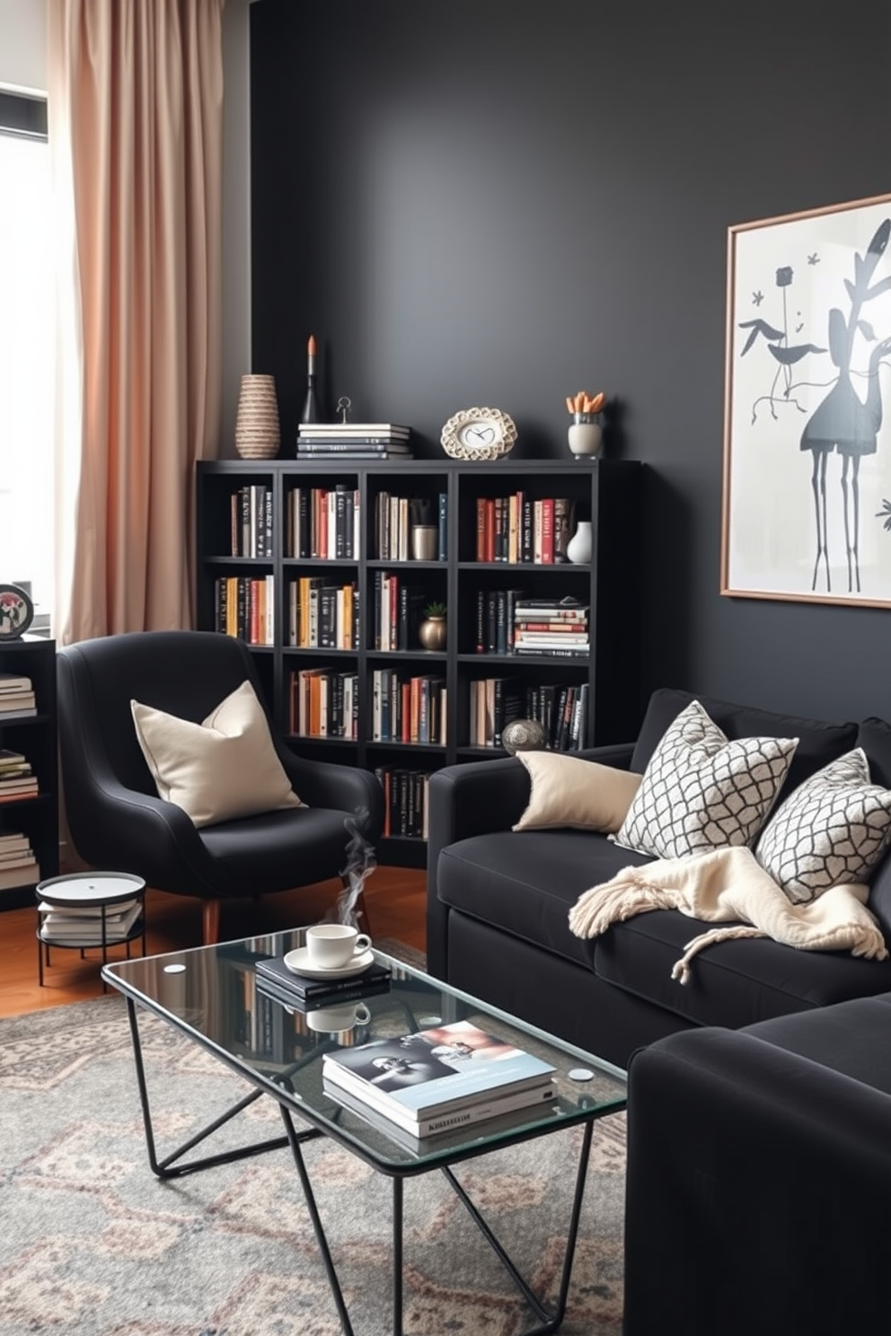 Cozy reading nook with black bookshelf. A plush armchair is positioned next to a large window, draped with soft curtains, creating a warm and inviting atmosphere. The black bookshelf is filled with an array of colorful books and decorative items. A small side table holds a steaming cup of tea and a cozy blanket, perfect for long reading sessions. Black Living Room Design Ideas. The room features a sleek black sectional sofa paired with a modern coffee table that has a glass top and metallic legs. Accent pillows in various textures and patterns add depth, while a large abstract artwork hangs on the wall, creating a striking focal point.