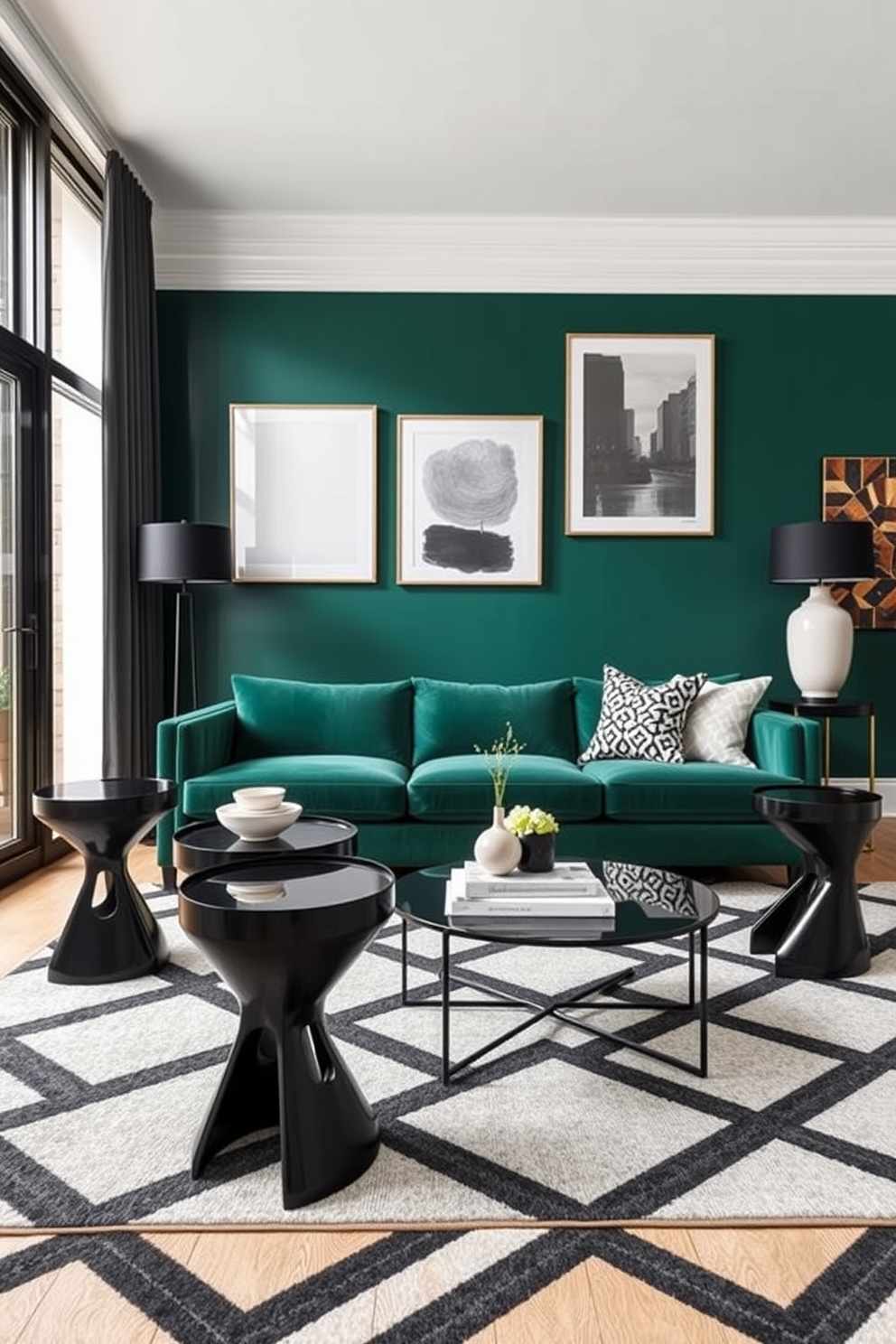 Stylish black side tables with unique shapes are positioned next to a plush velvet sofa in a chic living room. The room features a striking accent wall painted in deep emerald green, complemented by a sleek coffee table and modern art pieces adorning the walls. Black living room design ideas incorporate bold geometric patterns in the area rug, enhancing the contemporary feel of the space. Large windows allow natural light to flood in, illuminating the carefully curated decor and creating a warm and inviting atmosphere.