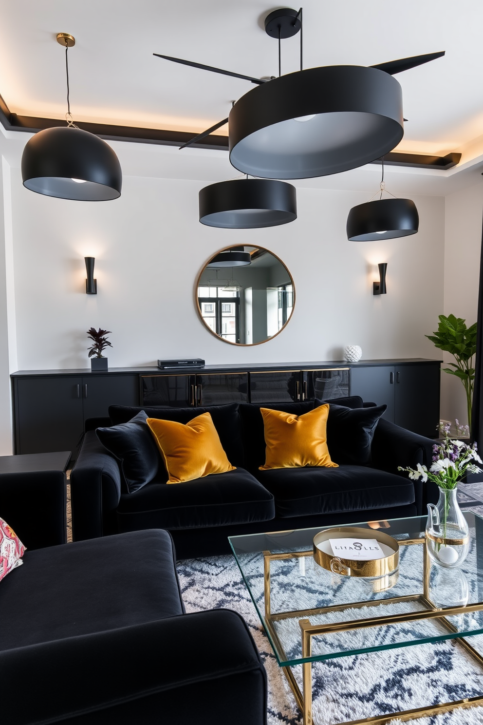 A stylish black living room with layered lighting featuring sleek black fixtures. The room includes a plush black velvet sofa paired with gold accent pillows, and a modern coffee table made of glass and metal.