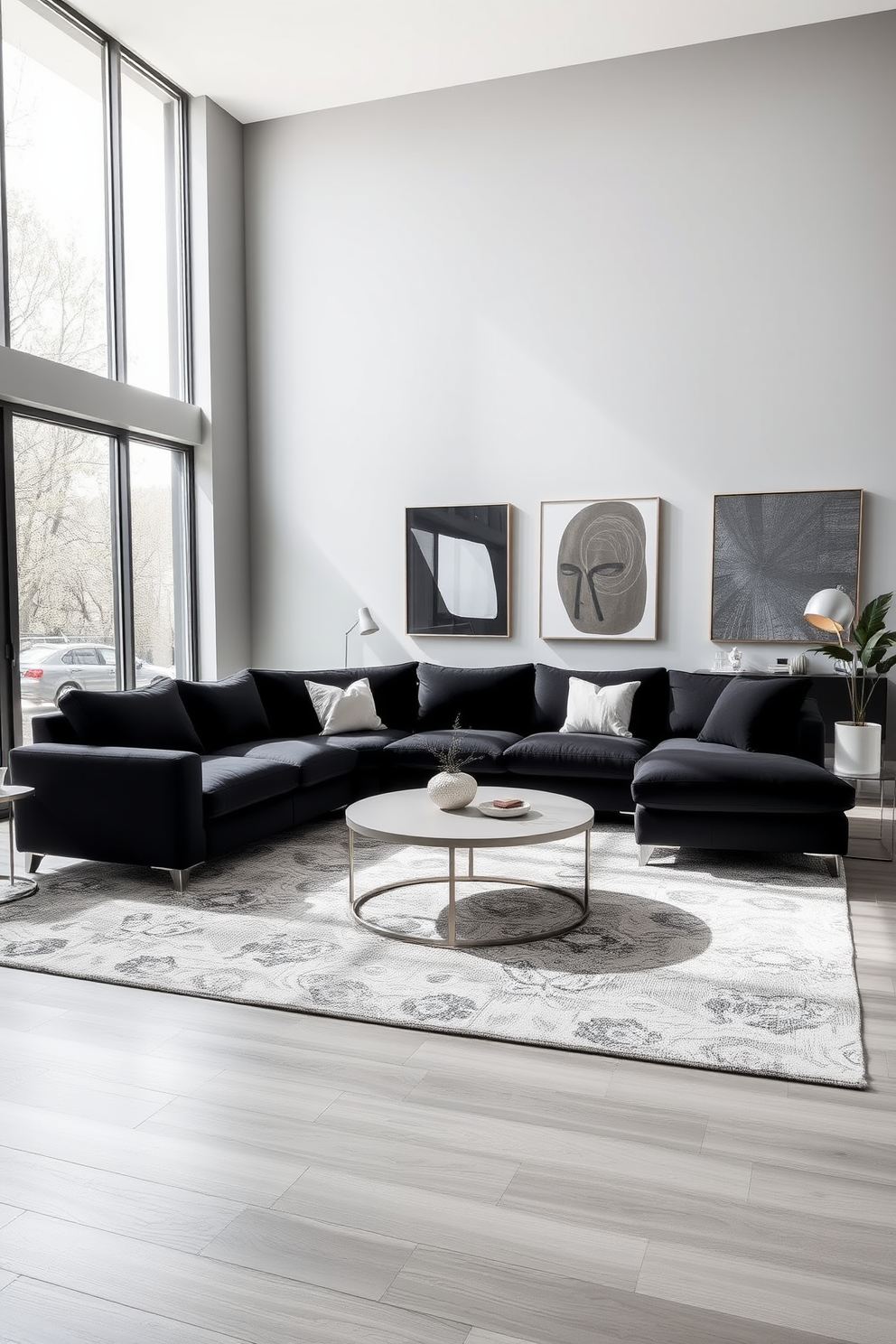 A modern black sectional with sleek lines sits prominently in the center of a stylish living room. The space features a minimalist coffee table and a large area rug that adds warmth to the sleek design. The walls are painted in a soft gray hue, creating a perfect contrast with the black sectional. Floor-to-ceiling windows allow natural light to flood the room, highlighting the contemporary art pieces displayed on the walls.