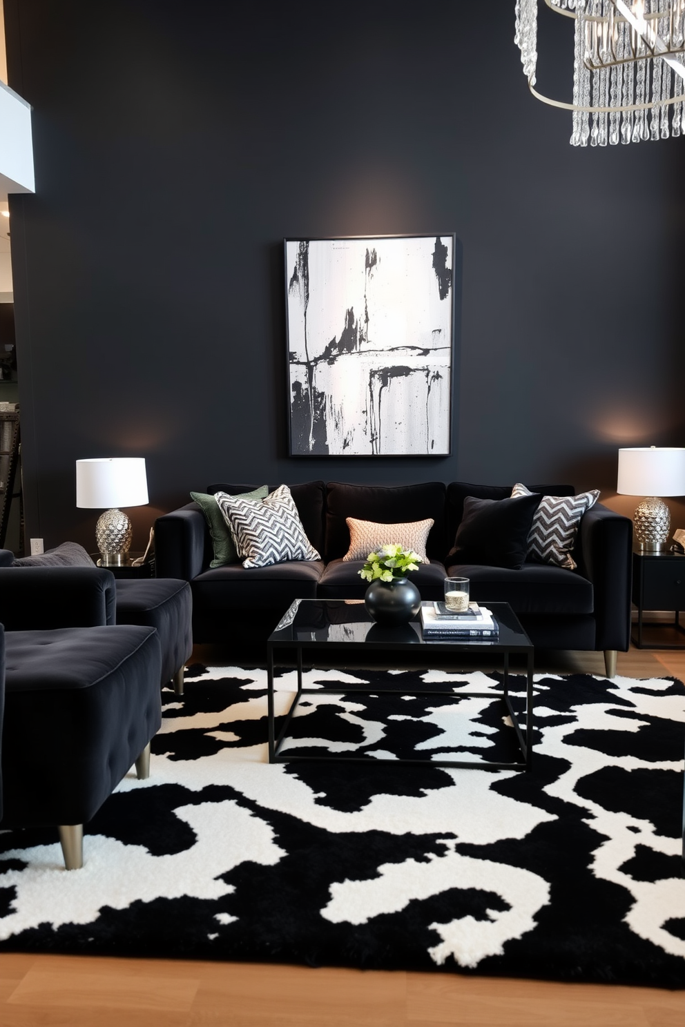 A chic black living room featuring layered textures and contrasting black and white rugs. The space includes a plush velvet sofa adorned with patterned throw pillows, and a sleek coffee table with a glass top sits in the center. The walls are painted in a deep charcoal hue, enhancing the room's sophistication. A striking piece of abstract art hangs above the sofa, while warm ambient lighting creates an inviting atmosphere.