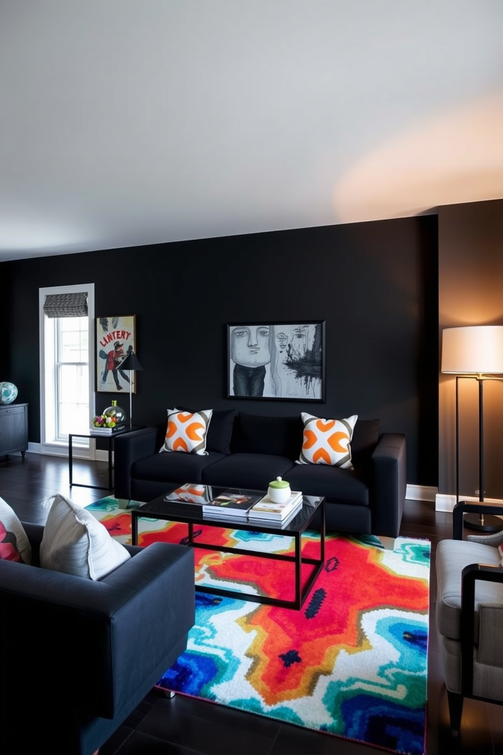 A striking black living room featuring bold geometric patterns on throw pillows adds a modern touch to the space. The walls are painted in a deep matte black, while the furniture includes a plush sectional sofa and a sleek coffee table. Accent pieces such as a vibrant area rug and contemporary art on the walls create visual interest. Soft lighting from stylish floor lamps enhances the overall ambiance, making the room both inviting and chic.