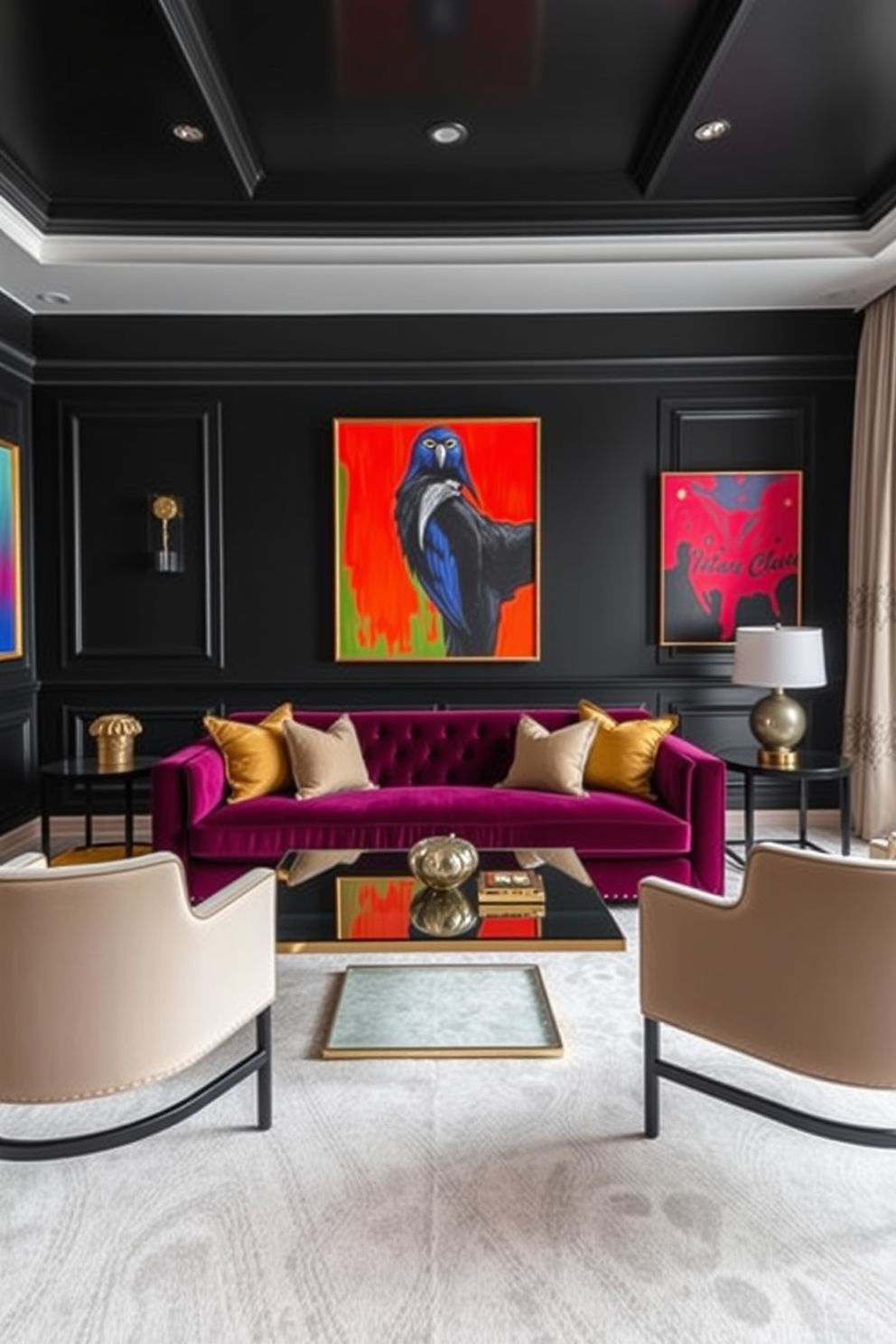 A luxurious living room adorned with rich black paint on the walls creates a dramatic backdrop. Vibrant artwork in bold colors hangs on the walls, adding a striking contrast and focal points throughout the space. The room features a plush velvet sofa in deep jewel tones, complemented by gold accent pillows. A sleek coffee table with a glass top sits in the center, surrounded by stylish side chairs that enhance the modern aesthetic.