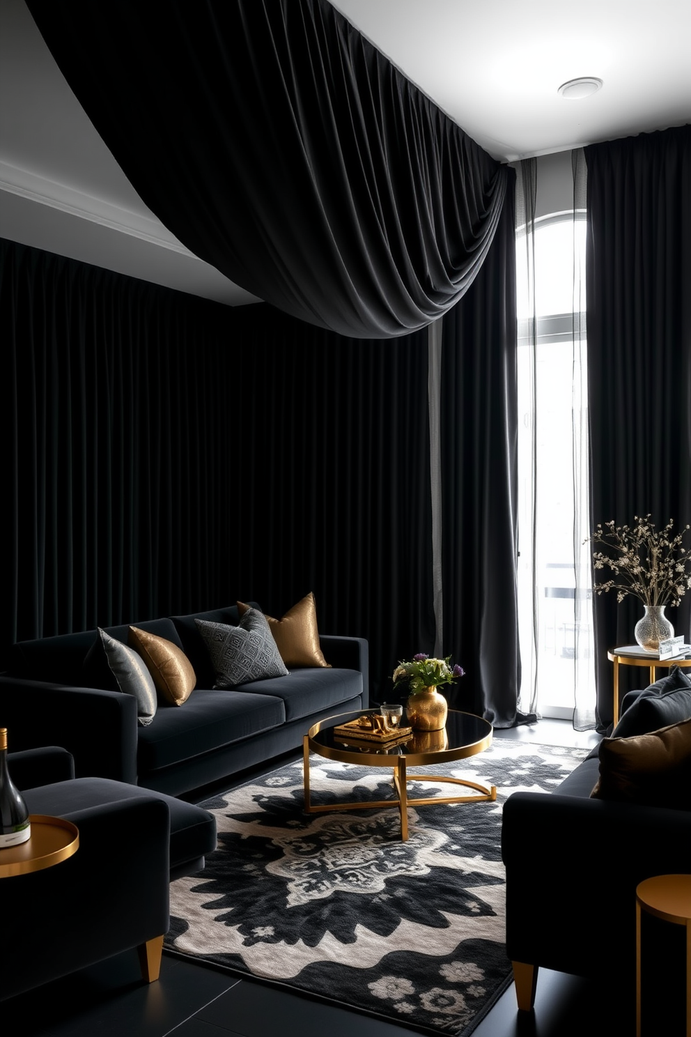 A dramatic black living room setting features luxurious black curtains that cascade elegantly from the ceiling to the floor, adding depth and sophistication to the space. The room is adorned with plush furniture in deep jewel tones, complemented by gold accents and a striking area rug that ties the design together.