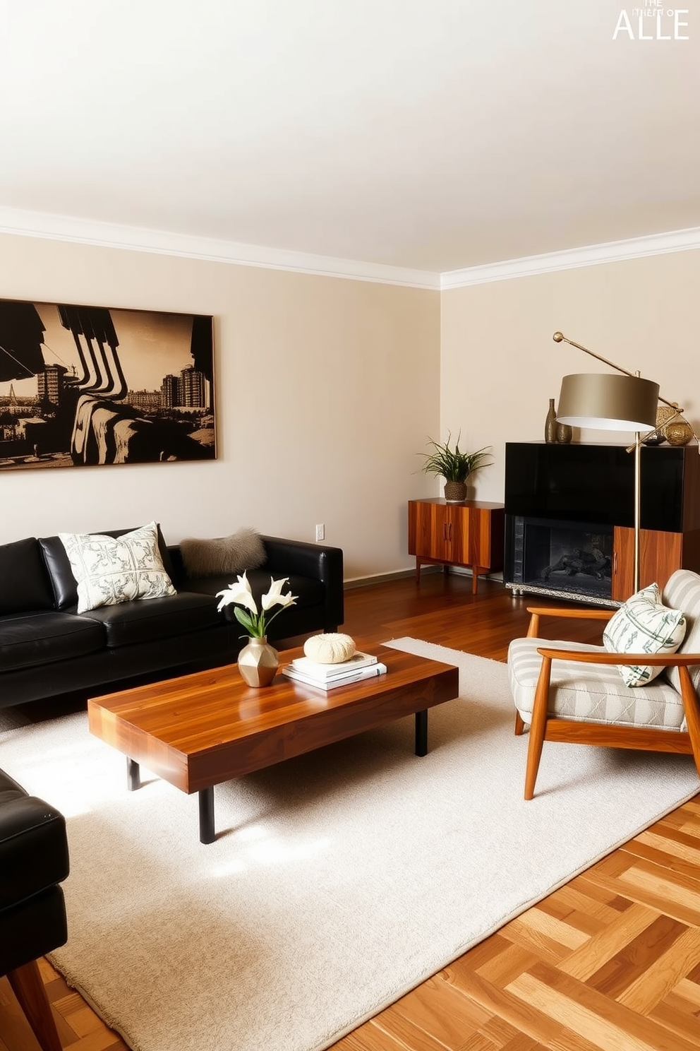 A stylish living room featuring mid-century black furniture paired with warm wood accents. The space includes a sleek black sofa, a wooden coffee table, and a cozy armchair, all arranged to create an inviting atmosphere. The walls are painted in a soft beige tone, complementing the rich textures of the furniture. A large area rug with geometric patterns anchors the seating area, while a statement floor lamp adds a touch of elegance.