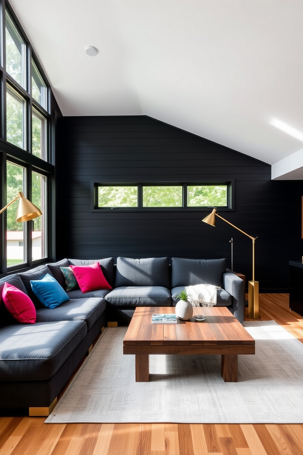 A striking black living room featuring an accent wall adorned with sleek black shiplap panels. The space is complemented by a plush sectional sofa in deep gray, accented with vibrant throw pillows for a pop of color. Large windows allow natural light to flood the room, highlighting a contemporary coffee table made of reclaimed wood. Stylish floor lamps with gold accents provide warm illumination, creating an inviting atmosphere for relaxation and entertainment.