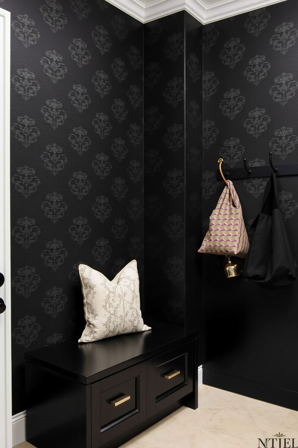 Chic black wallpaper with subtle patterns creates a dramatic backdrop in the room. The walls are adorned with intricate designs that add depth and texture to the space. For the mudroom design, sleek black cabinetry provides ample storage while maintaining a modern aesthetic. A stylish bench with plush cushions invites comfort, and decorative hooks line the wall for easy access to coats and bags.