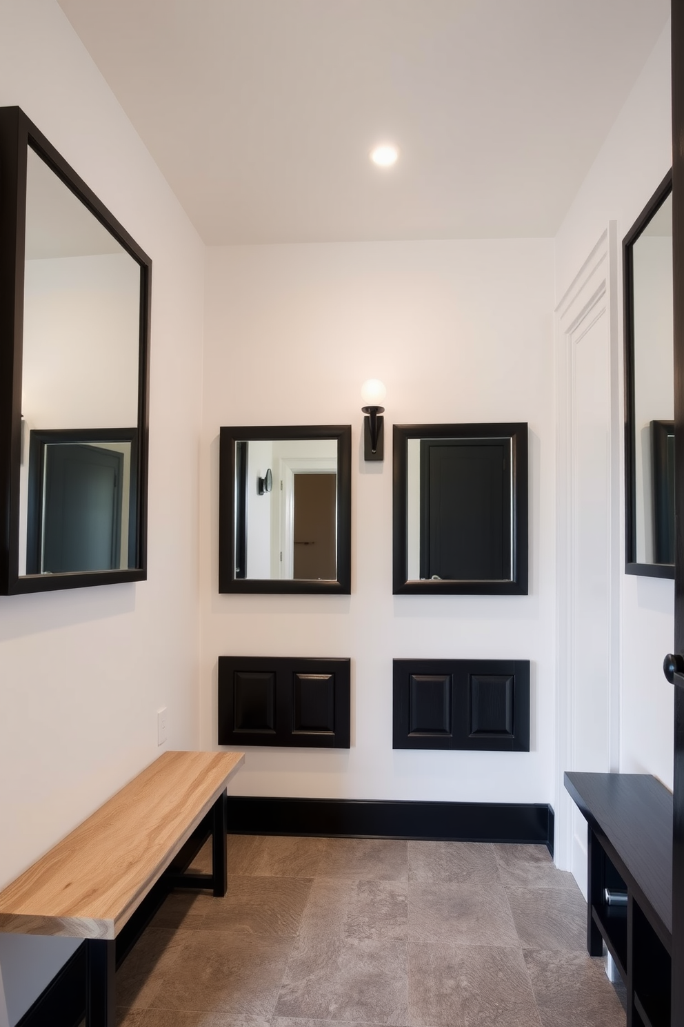 A stylish mudroom design featuring black framed mirrors that enhance the sense of space and depth. The walls are painted in a soft white hue, while the floor is adorned with durable, textured tiles for practicality and style.