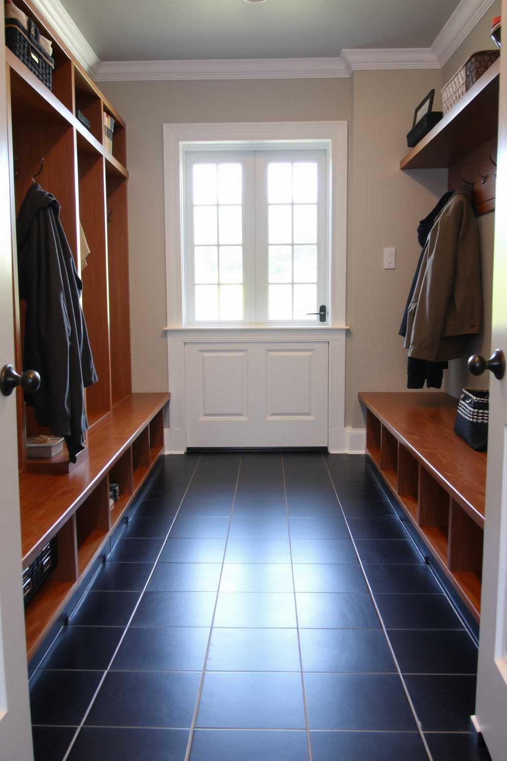 A stylish mudroom featuring black tile flooring for easy maintenance. The space includes built-in wooden benches with storage underneath and hooks for coats, creating a functional yet elegant entryway.