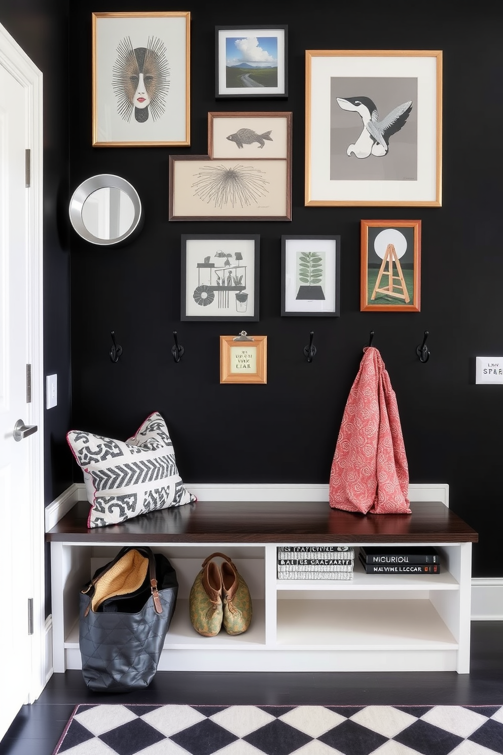 A bold black accent wall serves as a striking backdrop in the mudroom, adorned with an eclectic collection of modern art pieces that add character and style. The space features a practical bench with built-in storage underneath, complemented by hooks for coats and bags, creating an organized yet inviting atmosphere.