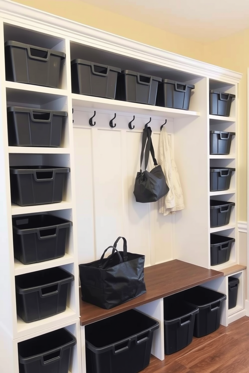 A functional mudroom layout features black storage bins neatly arranged along the walls for optimal organization. The space includes a built-in bench with hooks above for coats and bags, creating a welcoming and practical entryway.