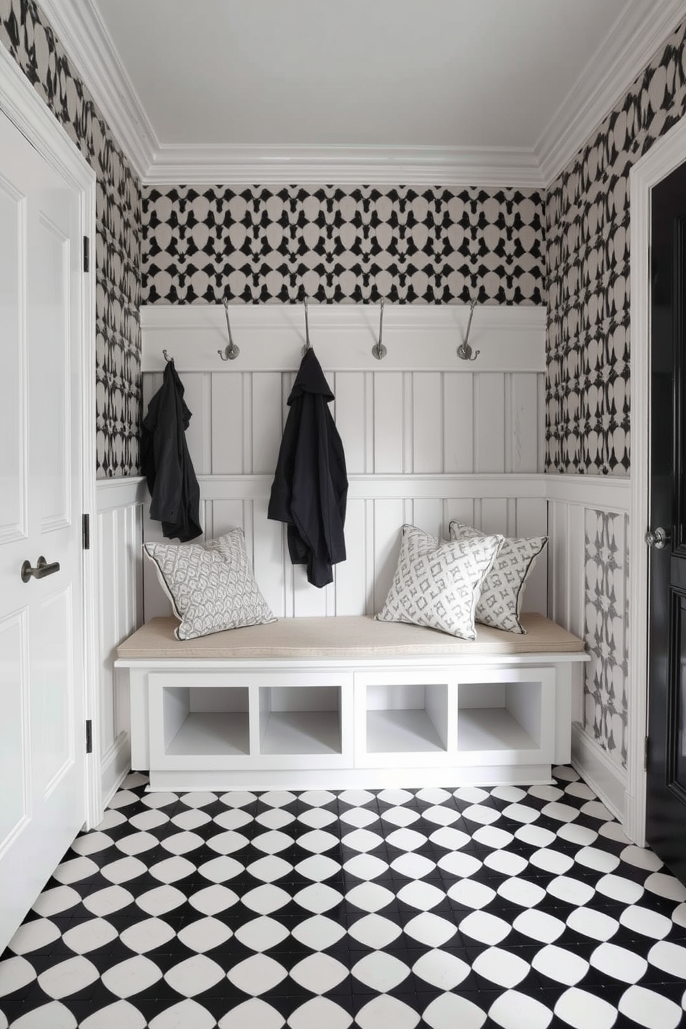 An elegant mudroom features black and white patterned tiles that create a striking visual impact. The space is enhanced by a stylish bench with plush cushions and hooks for hanging coats, providing both functionality and sophistication.