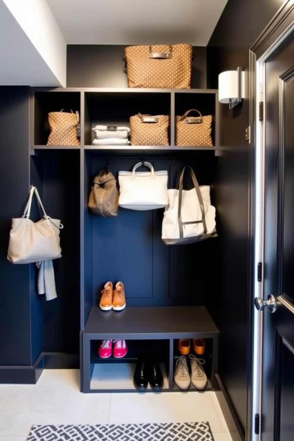 A stylish mudroom featuring open shelving designed for shoes and bags. The walls are painted in a deep black hue, creating a bold and modern backdrop for the organized storage.