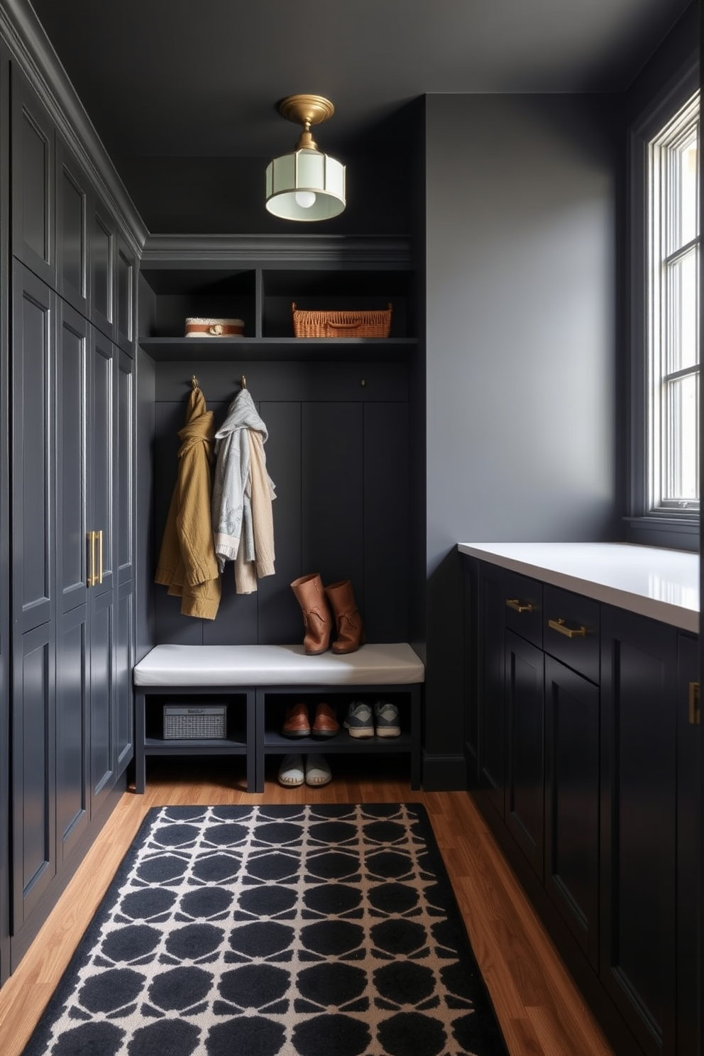 A stylish black mudroom features built-in storage solutions that blend functionality with modern aesthetics. The cabinetry is sleek and matte, providing ample space for coats, shoes, and outdoor gear, while a bench offers a convenient seating area. The walls are painted in a deep black hue, creating a dramatic backdrop that enhances the bright lighting fixtures above. A patterned area rug adds warmth to the space, complementing the overall design while providing a pop of texture.