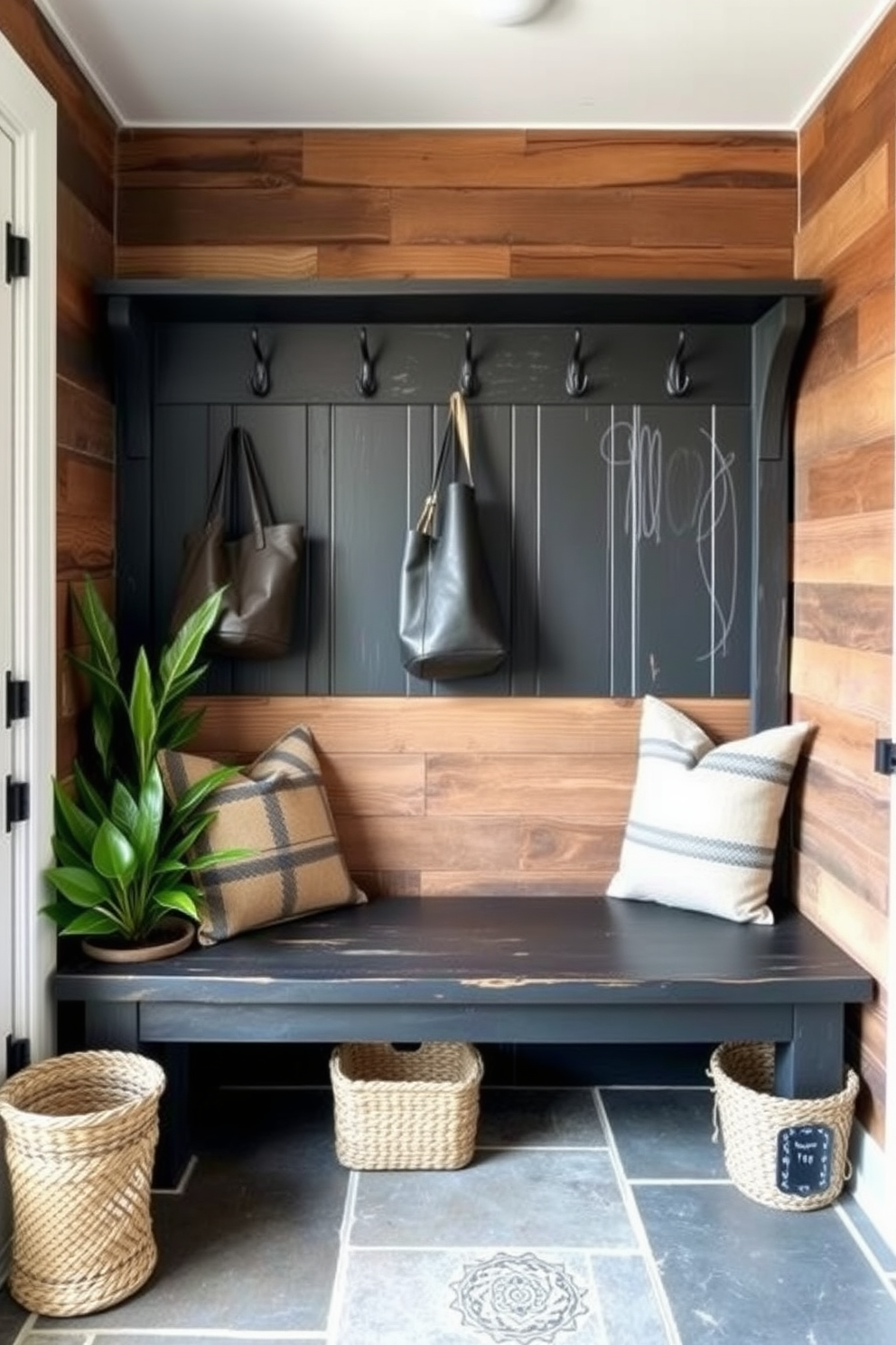 A rustic black wood mudroom features natural elements that create a warm and inviting atmosphere. The walls are adorned with reclaimed wood, and the flooring is a combination of slate tiles and natural stone. A large bench made of blackened wood provides seating, while hooks made from wrought iron hang above for coats and bags. Potted plants and woven baskets add texture and a touch of greenery to the space.