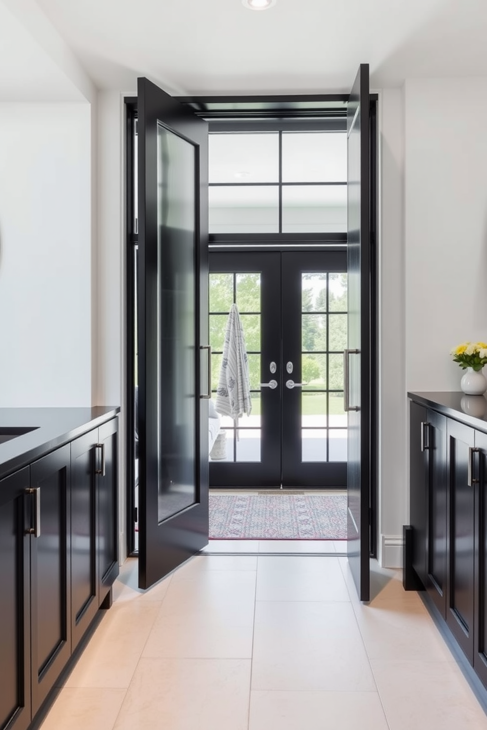 A modern mudroom featuring contemporary black and glass doors that create a striking entrance. The space is designed with sleek black cabinetry and a stylish bench for seating, complemented by a light-colored tile floor.