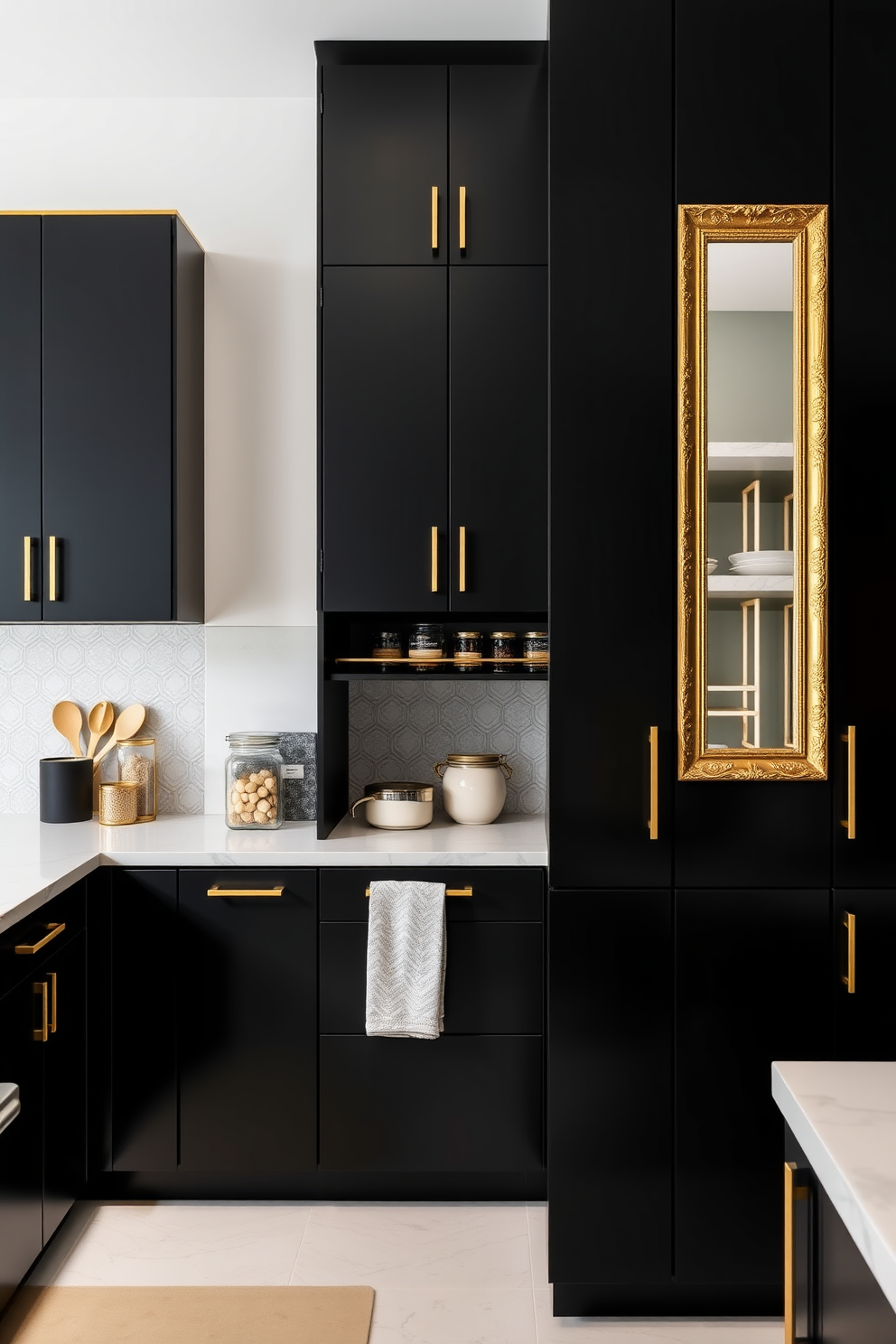 Sleek black cabinets with gold accents create a striking contrast in the kitchen space. The cabinets feature minimalist handles and are complemented by a stylish backsplash in a subtle geometric pattern. For the pantry design, open shelving showcases neatly organized jars and containers. A large gold-framed mirror on one wall enhances the sense of space and adds a touch of elegance.