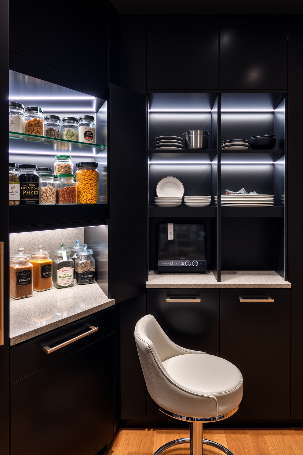 A sleek black pantry with integrated lighting creates a modern and elegant atmosphere. The cabinetry features smooth black finishes, and LED strip lights illuminate the shelves, showcasing neatly organized jars and pantry items. The pantry includes a spacious countertop for meal prep, complemented by stylish bar stools for casual dining. Open shelving displays decorative kitchenware, while the floor is finished with warm wood tones to add contrast and warmth to the design.