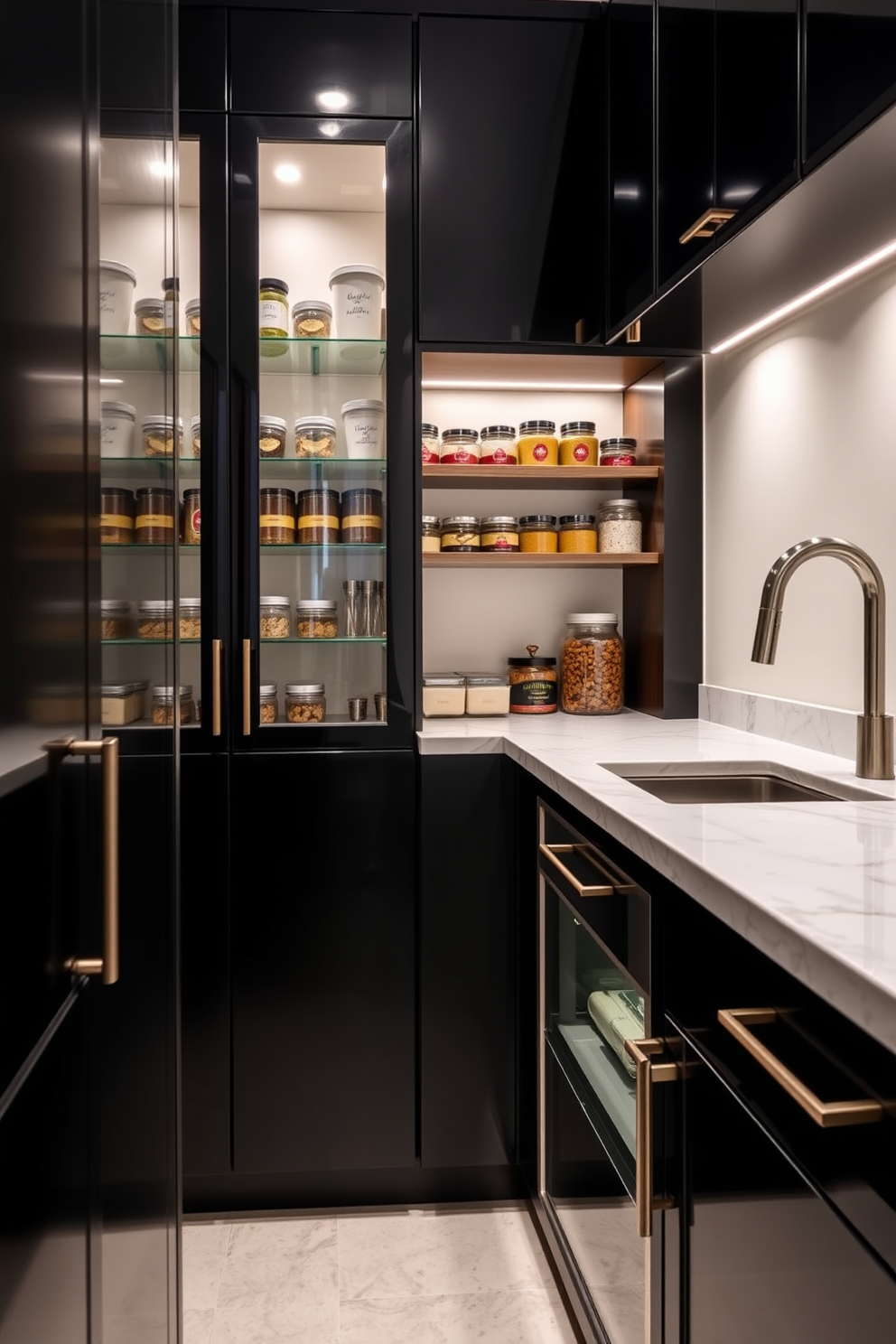 A contemporary black pantry features sleek cabinetry with a glossy finish and a stunning marble countertop that adds elegance. The pantry is well-organized with open shelving displaying neatly arranged jars and containers, complemented by under-cabinet lighting that enhances the modern aesthetic.