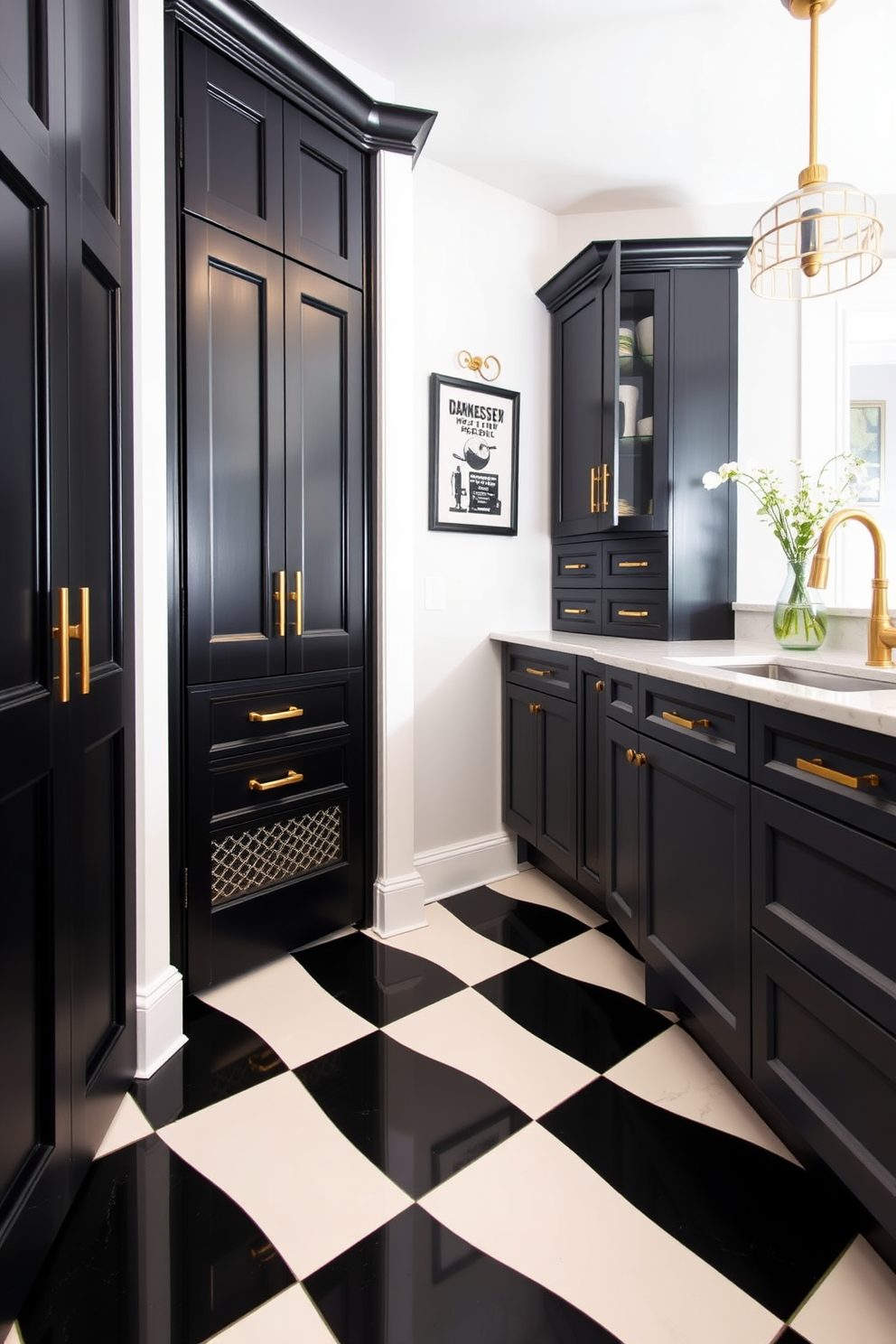 A striking black and white checkerboard floor design creates a bold focal point in the room. The contrasting colors add a timeless elegance while enhancing the overall aesthetic of the space. The black pantry features sleek cabinetry that maximizes storage and organization. Accents of gold hardware and a white marble countertop bring sophistication and a touch of luxury to the design.