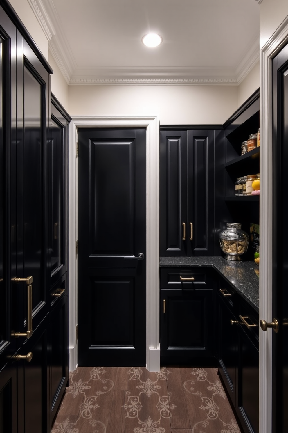 A stylish black pantry features elegant decorative molding that adds sophistication to the space. The cabinetry is sleek and modern, with ample storage for kitchen essentials, creating a functional yet visually appealing area.