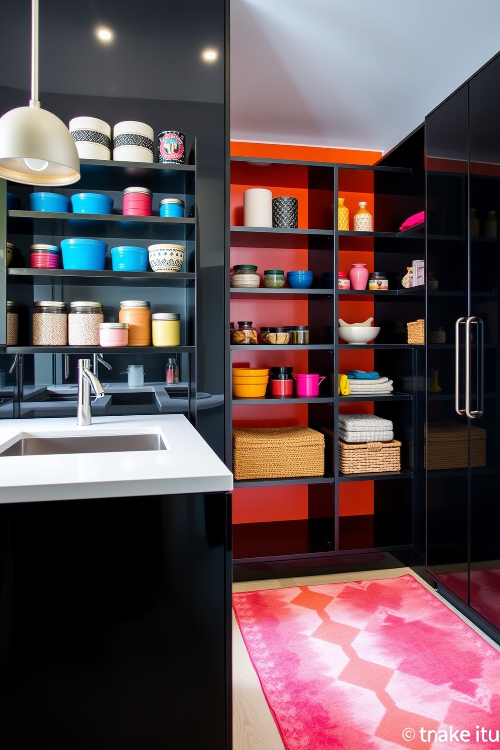 A sleek black pantry with a glossy finish showcases vibrant interior accents. The shelves are adorned with an array of colorful containers and decorative jars that add a playful touch. The pantry features a minimalist design with open shelving and a bold splash of color on the back wall. A stylish rug in bright hues lies on the floor, complementing the overall aesthetic.