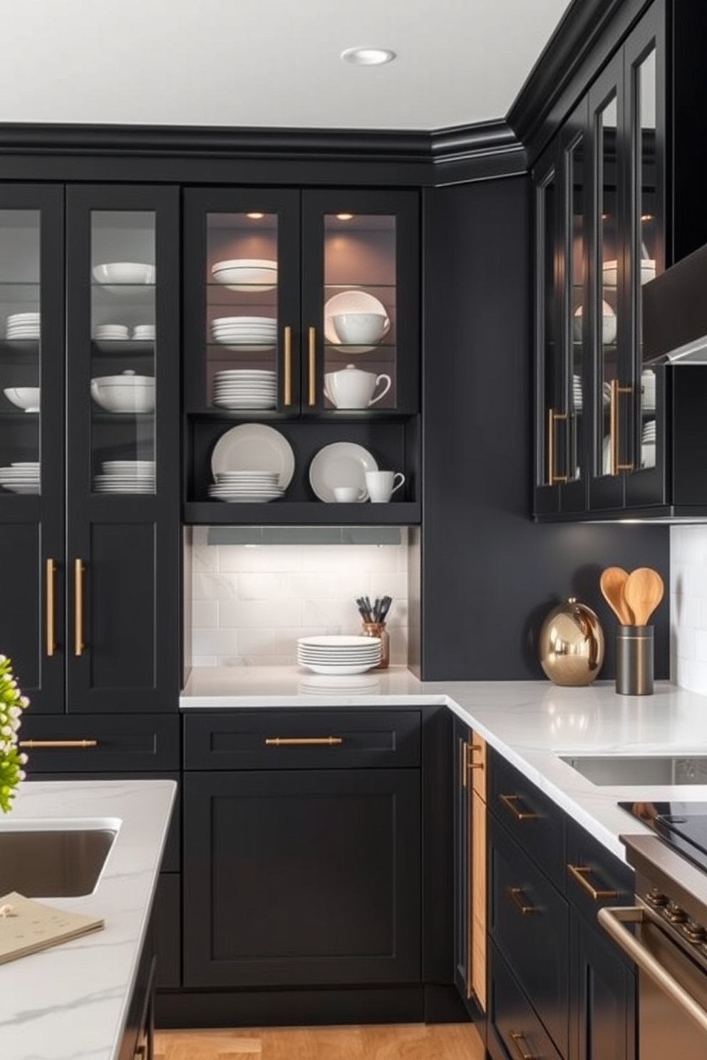 Chic black cabinets with glass inserts create a modern and elegant atmosphere in the kitchen. The sleek design features minimalist hardware and strategically placed lighting that highlights the contents within. For a black pantry design, consider open shelving that showcases beautiful dishware and pantry items. Incorporating a contrasting backsplash and warm wood accents adds depth and visual interest to the overall design.